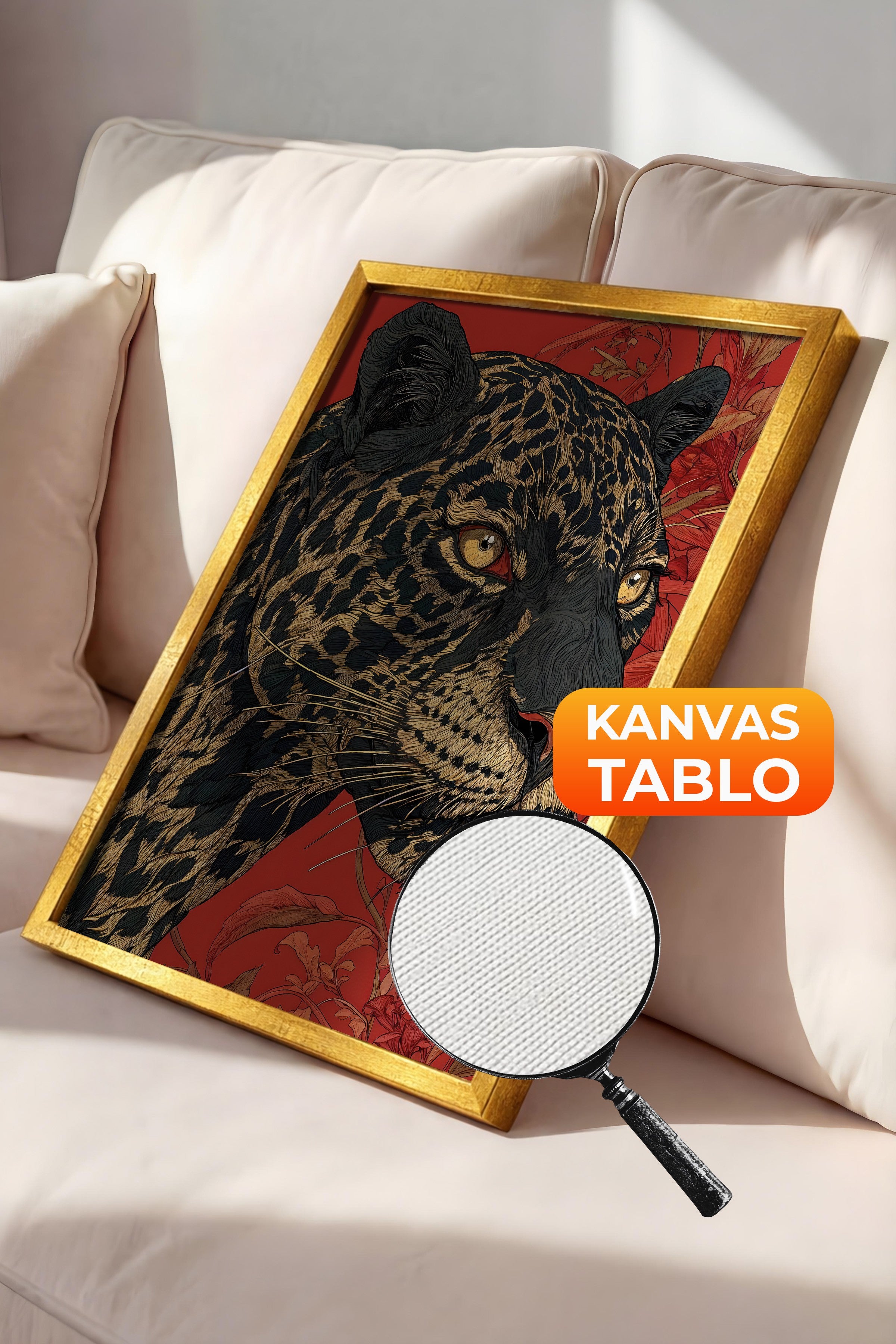 Duvar Tablosu, Lüks Gold Çerçeveli Kanvas Tablo, Ritüel Serisi, Leopar Tablo, NO:115268