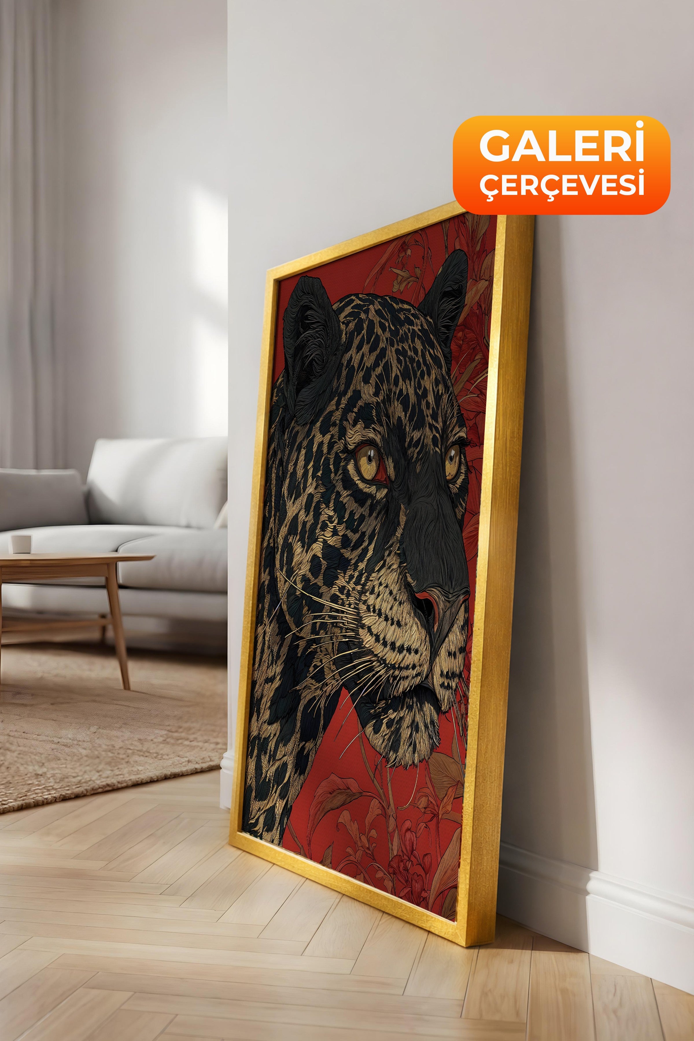 Duvar Tablosu, Lüks Gold Çerçeveli Kanvas Tablo, Ritüel Serisi, Leopar Tablo, NO:115268