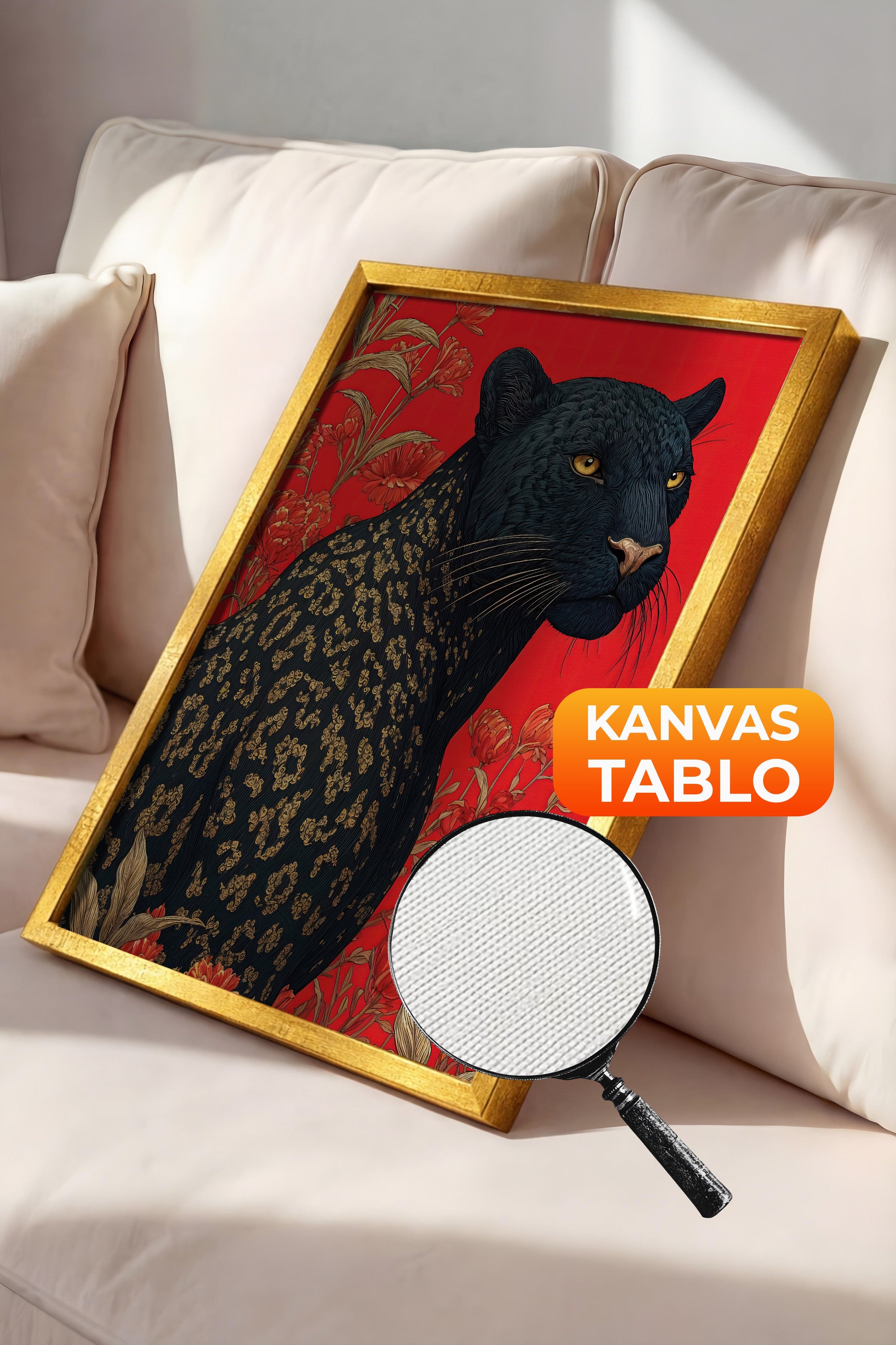Duvar Tablosu, Lüks Gold Çerçeveli Kanvas Tablo, Ritüel Serisi, Leopar Tablo, NO:115269