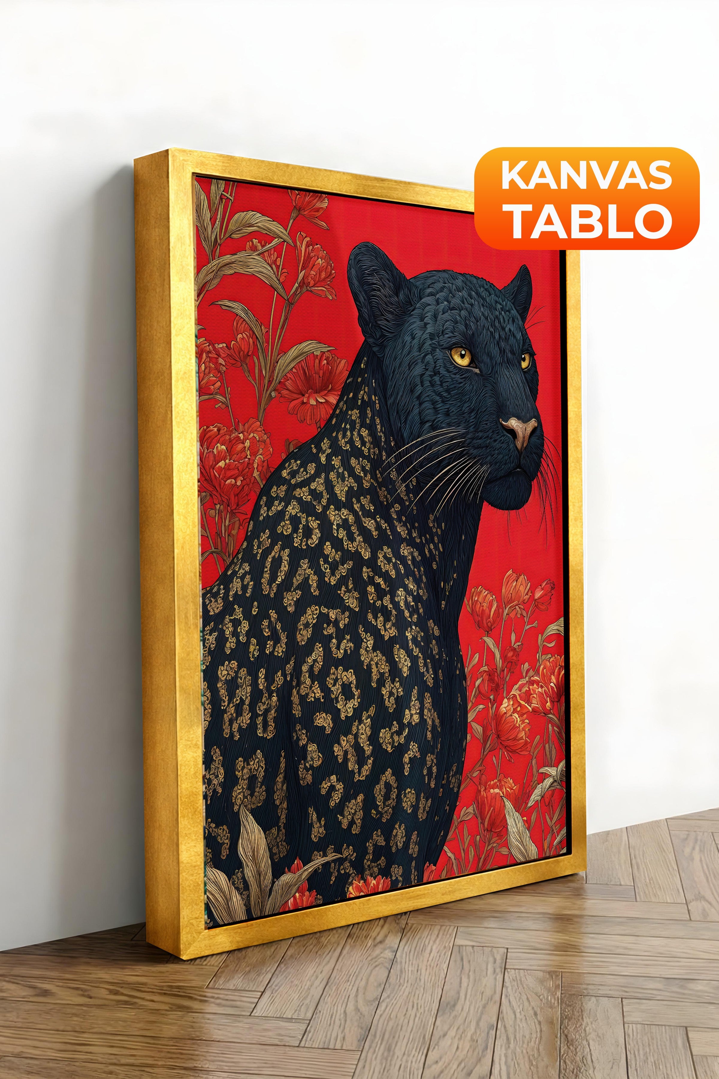 Duvar Tablosu, Lüks Gold Çerçeveli Kanvas Tablo, Ritüel Serisi, Leopar Tablo, NO:115269