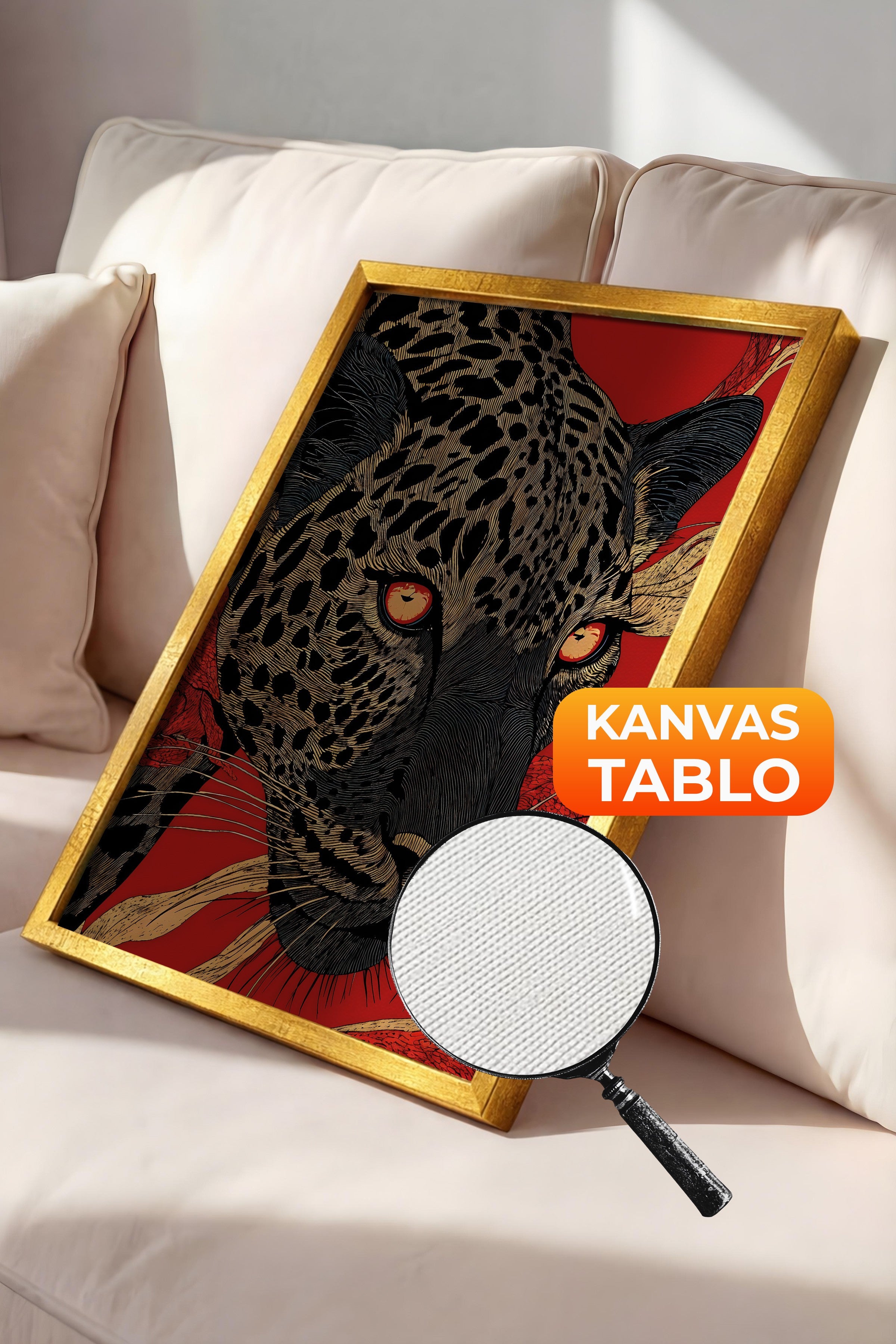 Duvar Tablosu, Lüks Gold Çerçeveli Kanvas Tablo, Ritüel Serisi, Leopar Tablo, NO:115270