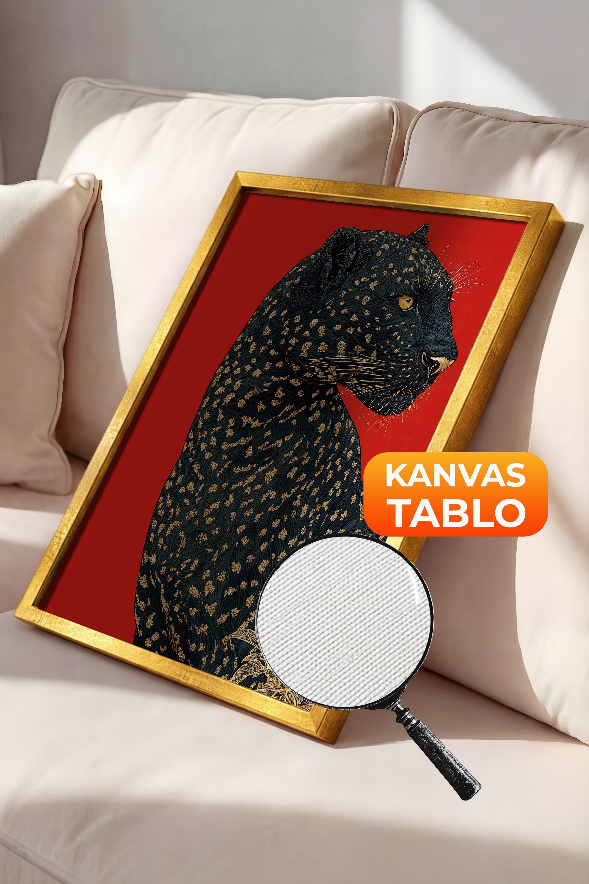 Duvar Tablosu, Lüks Gold Çerçeveli Kanvas Tablo, Ritüel Serisi, Leopar Tablo, NO:115272