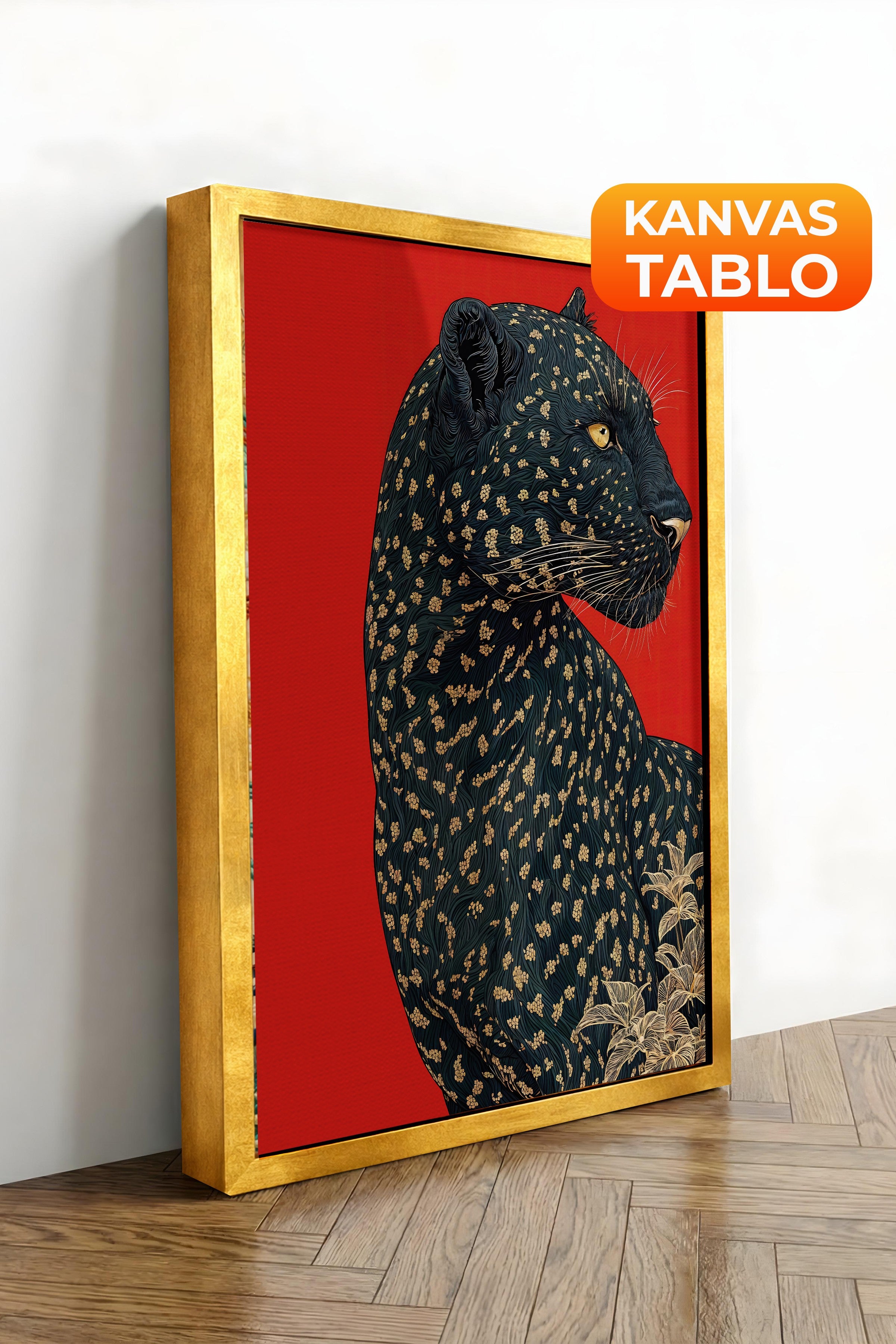 Duvar Tablosu, Lüks Gold Çerçeveli Kanvas Tablo, Ritüel Serisi, Leopar Tablo, NO:115272