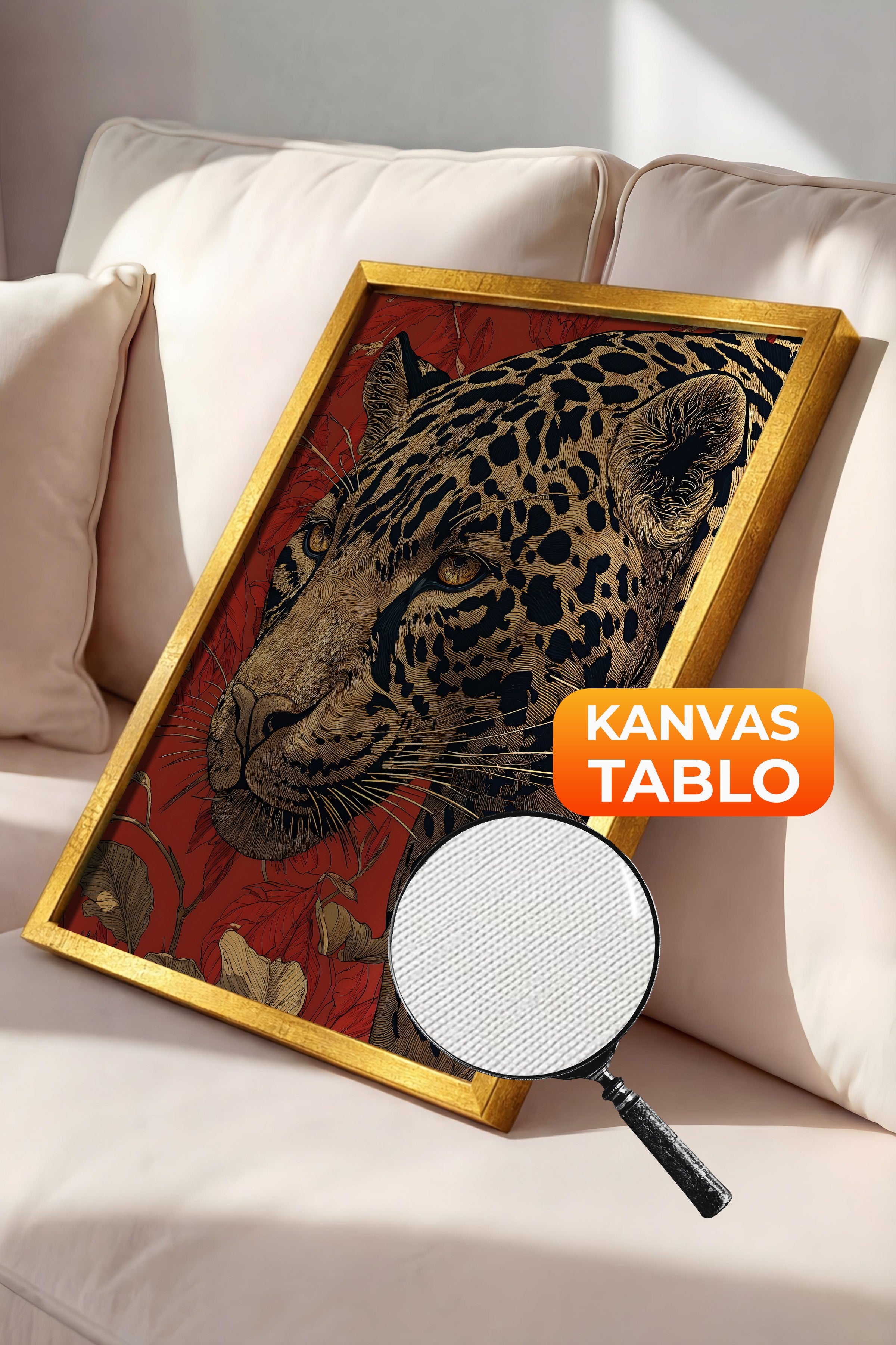 Duvar Tablosu, Lüks Gold Çerçeveli Kanvas Tablo, Ritüel Serisi, Leopar Tablo, NO:115273