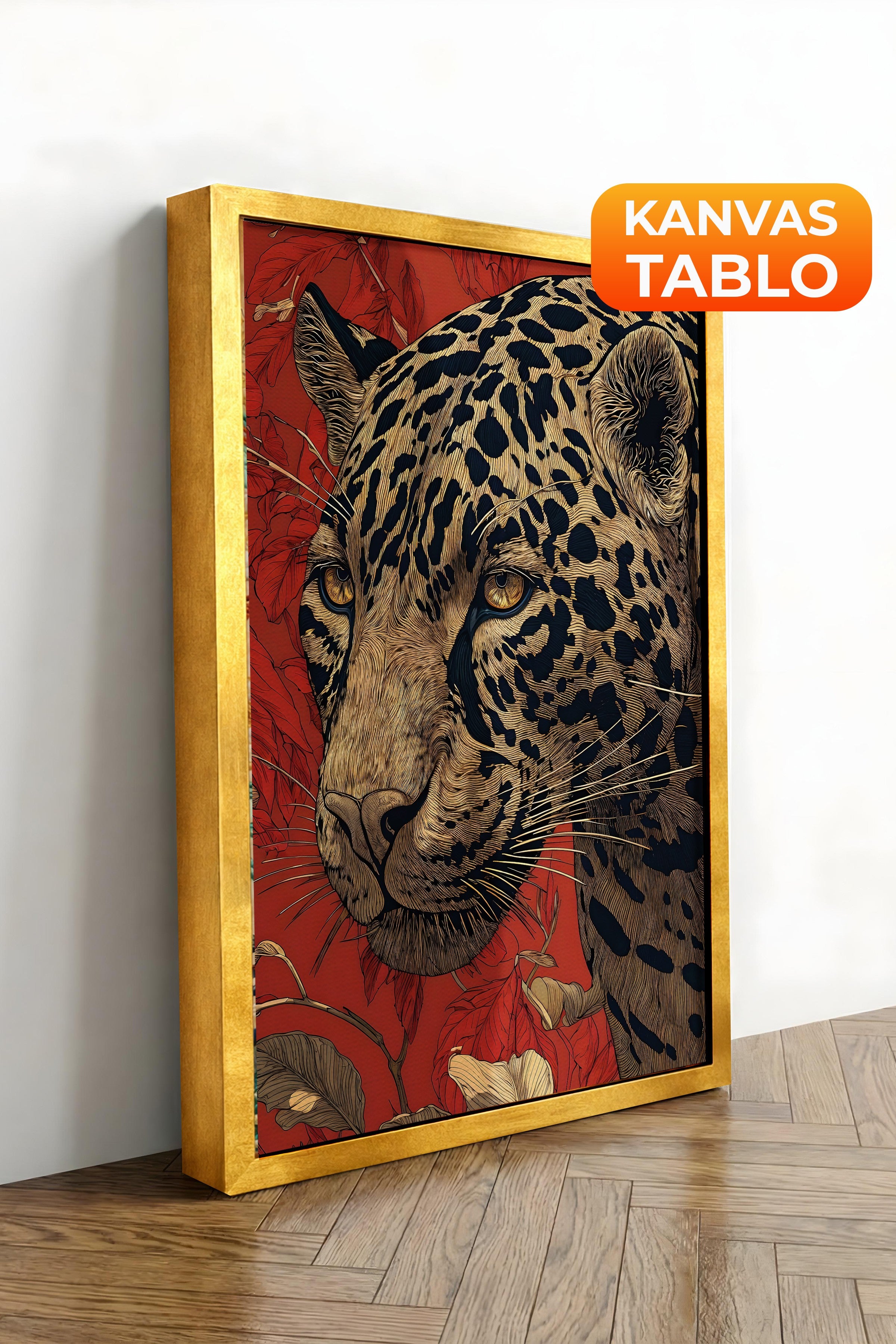 Duvar Tablosu, Lüks Gold Çerçeveli Kanvas Tablo, Ritüel Serisi, Leopar Tablo, NO:115273