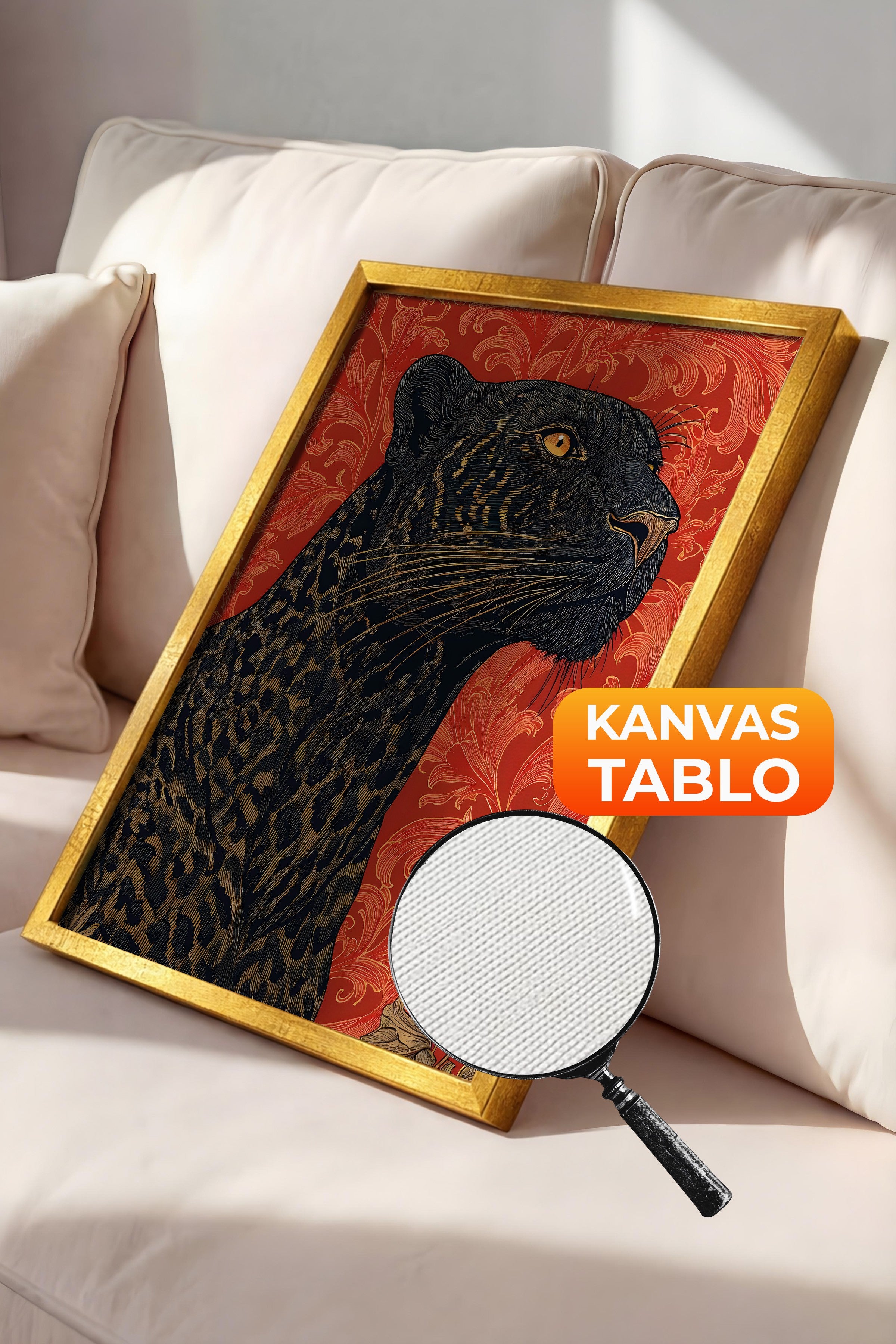 Duvar Tablosu, Lüks Gold Çerçeveli Kanvas Tablo, Ritüel Serisi, Leopar Tablo, NO:115274