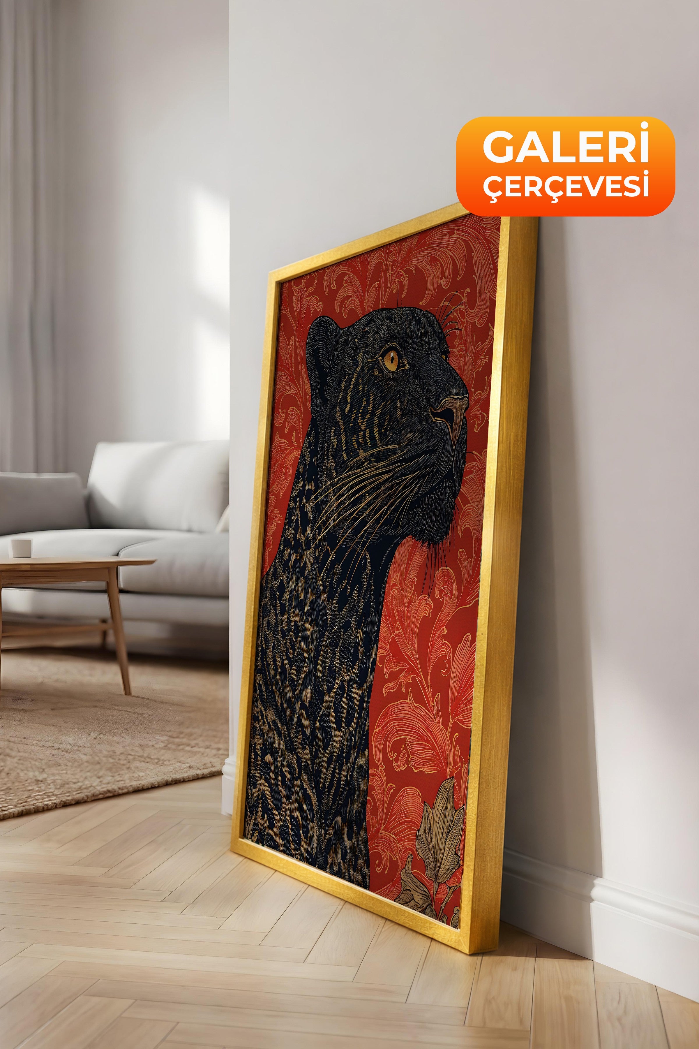 Duvar Tablosu, Lüks Gold Çerçeveli Kanvas Tablo, Ritüel Serisi, Leopar Tablo, NO:115274