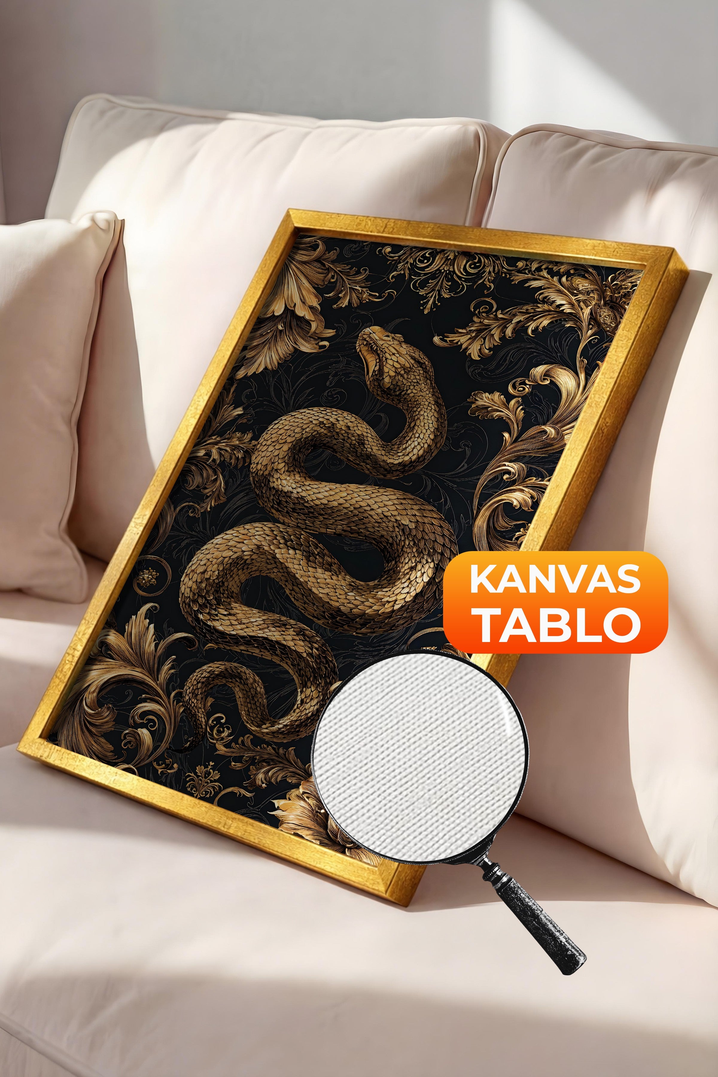 Duvar Tablosu, Lüks Gold Çerçeveli Kanvas Tablo, Ritüel Serisi, Yılan Tablo, NO:115249