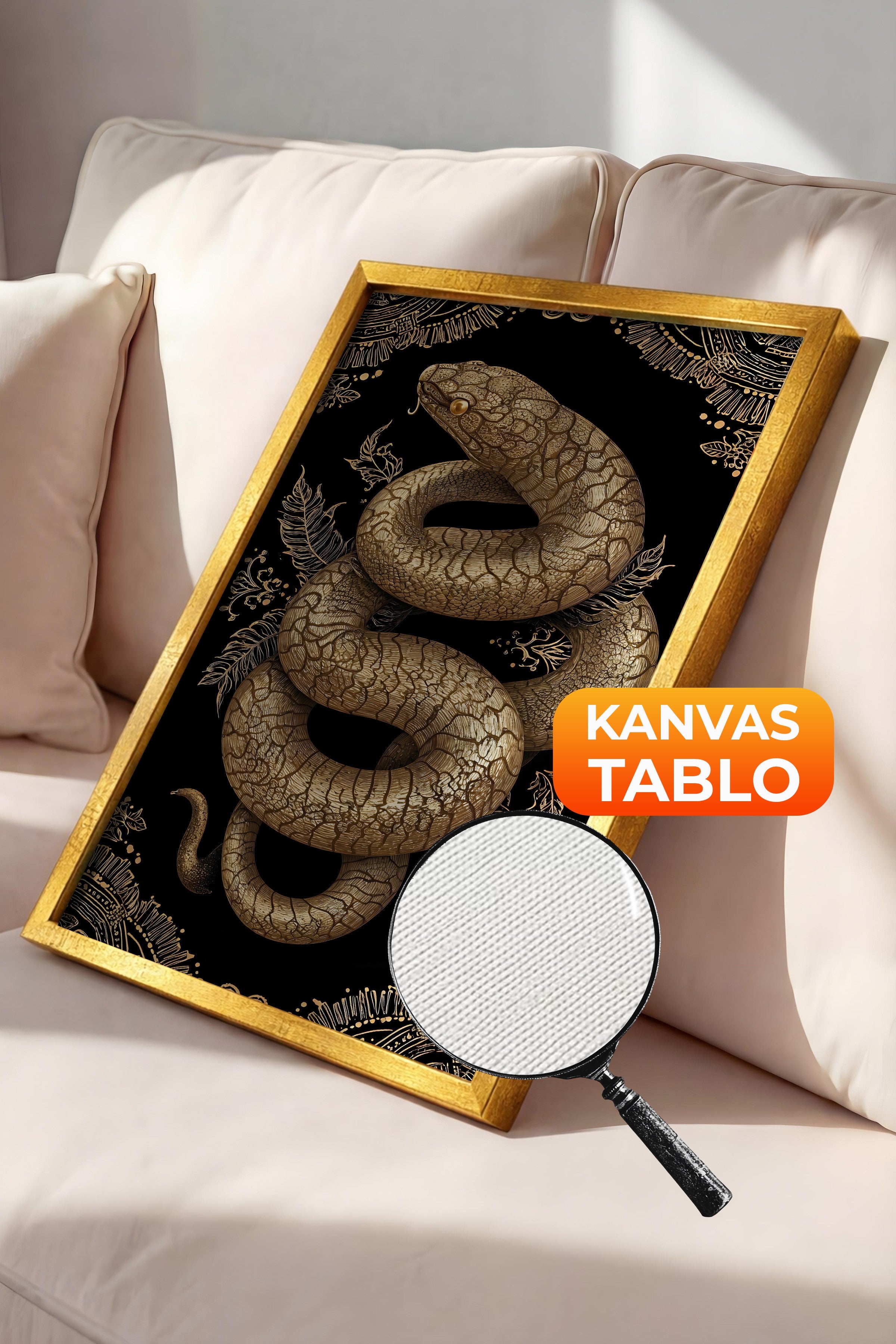 Duvar Tablosu, Lüks Gold Çerçeveli Kanvas Tablo, Ritüel Serisi, Yılan Tablo, NO:115271