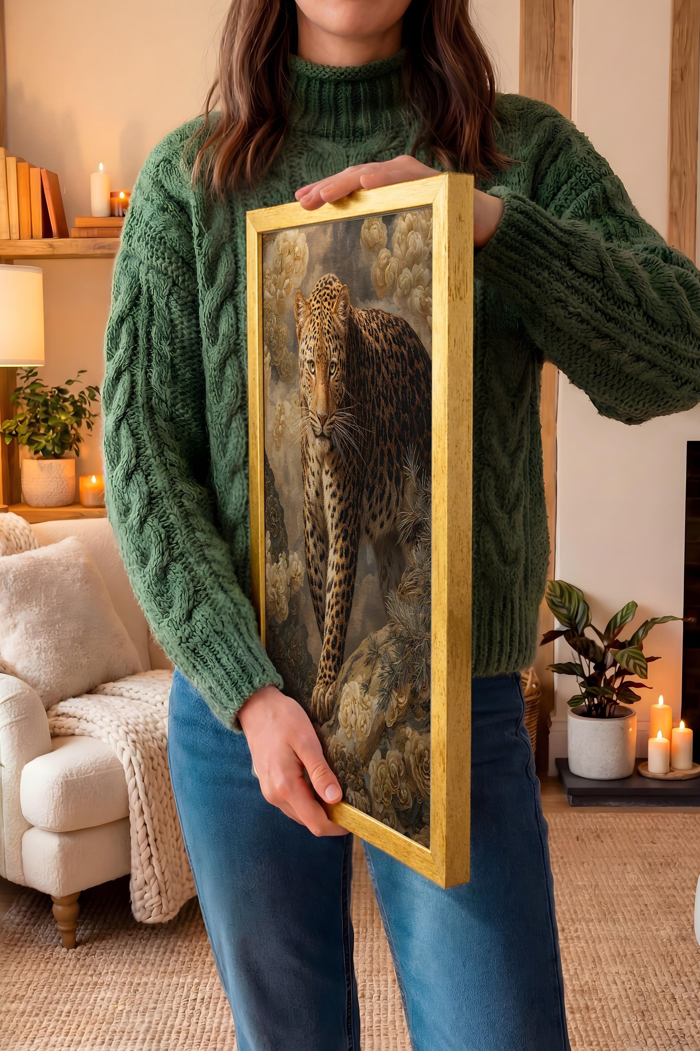 Duvar Tablosu, Lüks Gold Çerçeveli Tablo ve Poster, Ritüel Serisi, Leopar Tablo, NO:115254