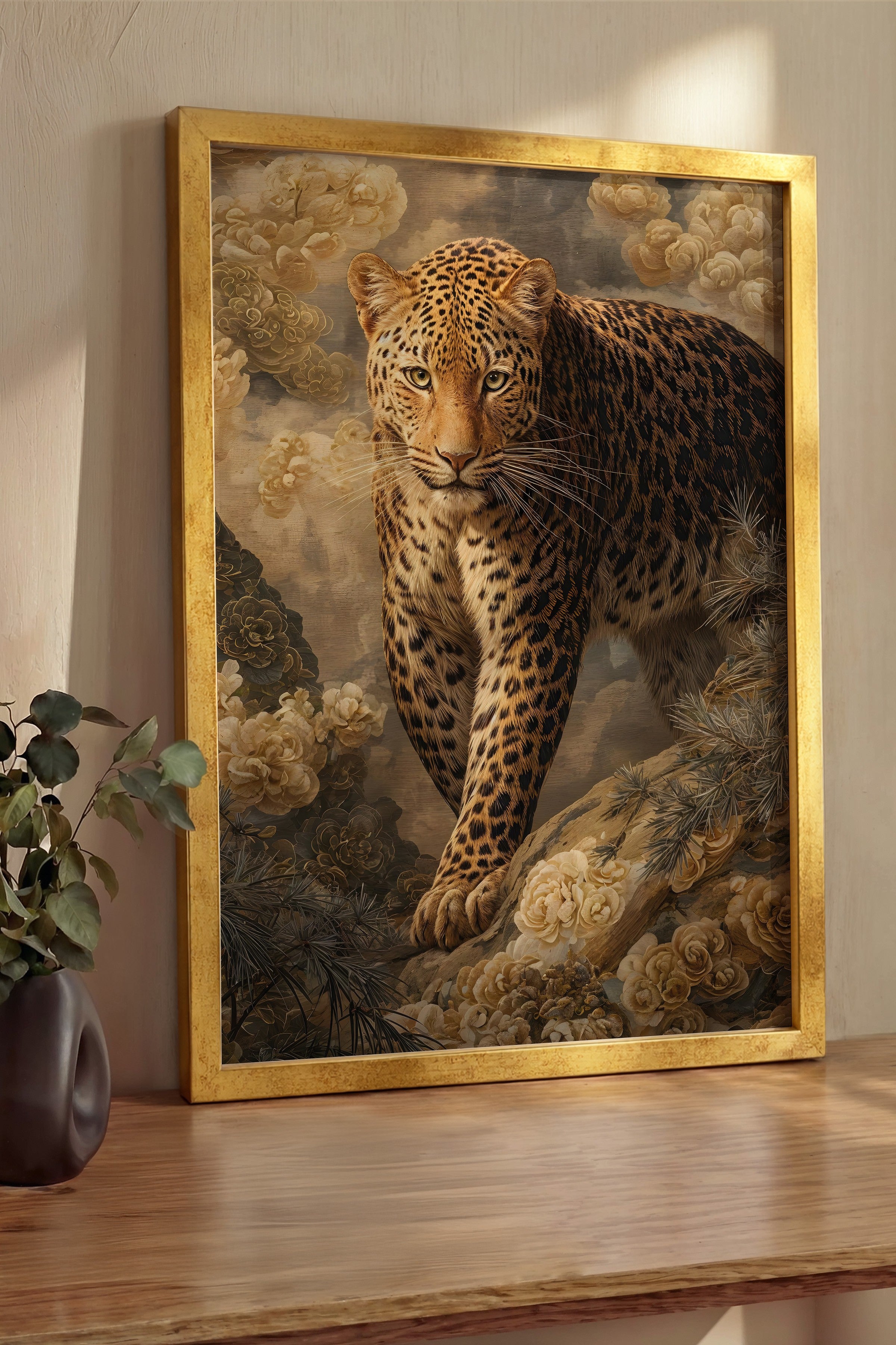 Duvar Tablosu, Lüks Gold Çerçeveli Tablo ve Poster, Ritüel Serisi, Leopar Tablo, NO:115254