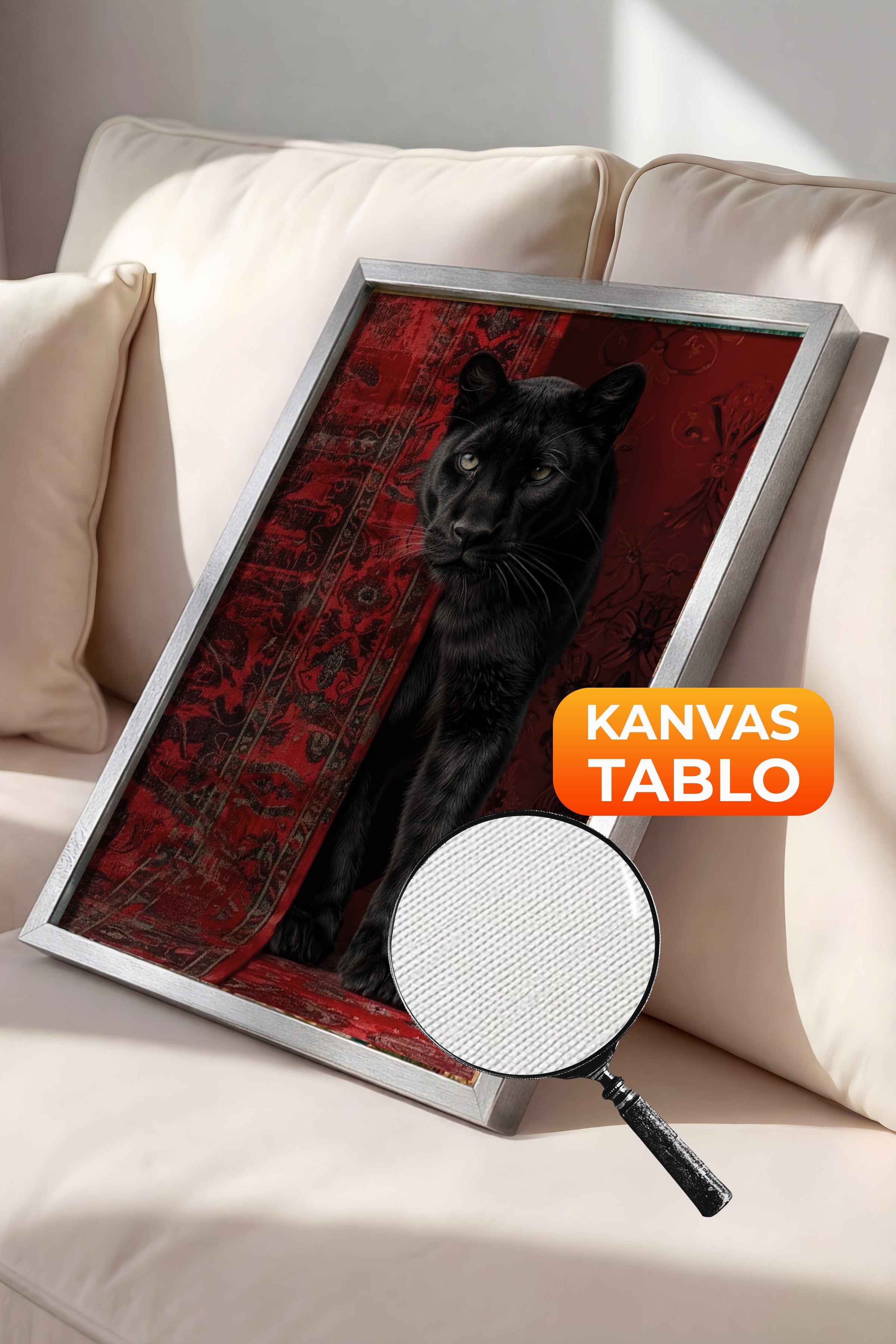 Duvar Tablosu, Lüks Gümüş Çerçeveli Kanvas Tablo, Ritüel Serisi, Leopar Tablo, NO:115238