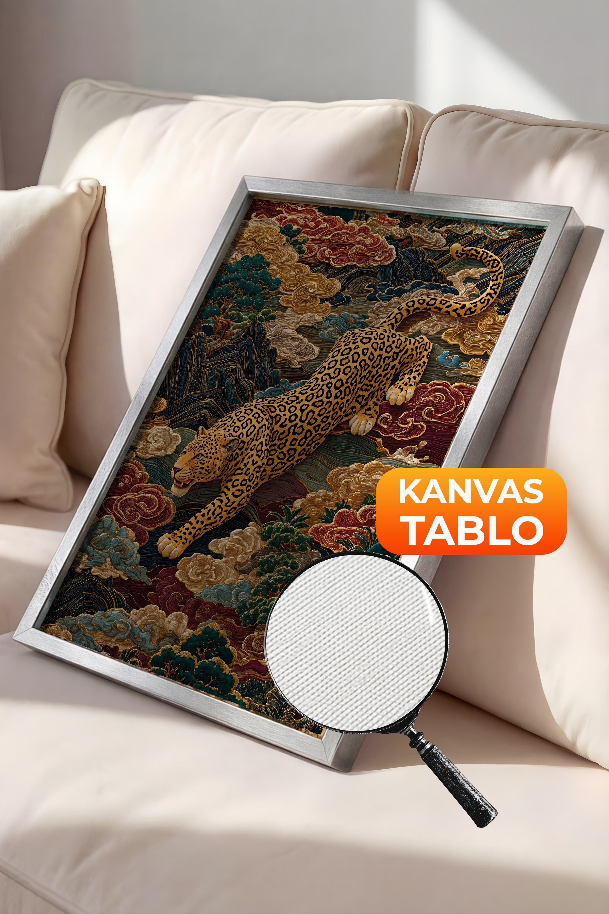 Duvar Tablosu, Lüks Gümüş Çerçeveli Kanvas Tablo, Ritüel Serisi, Leopar Tablo, NO:115247