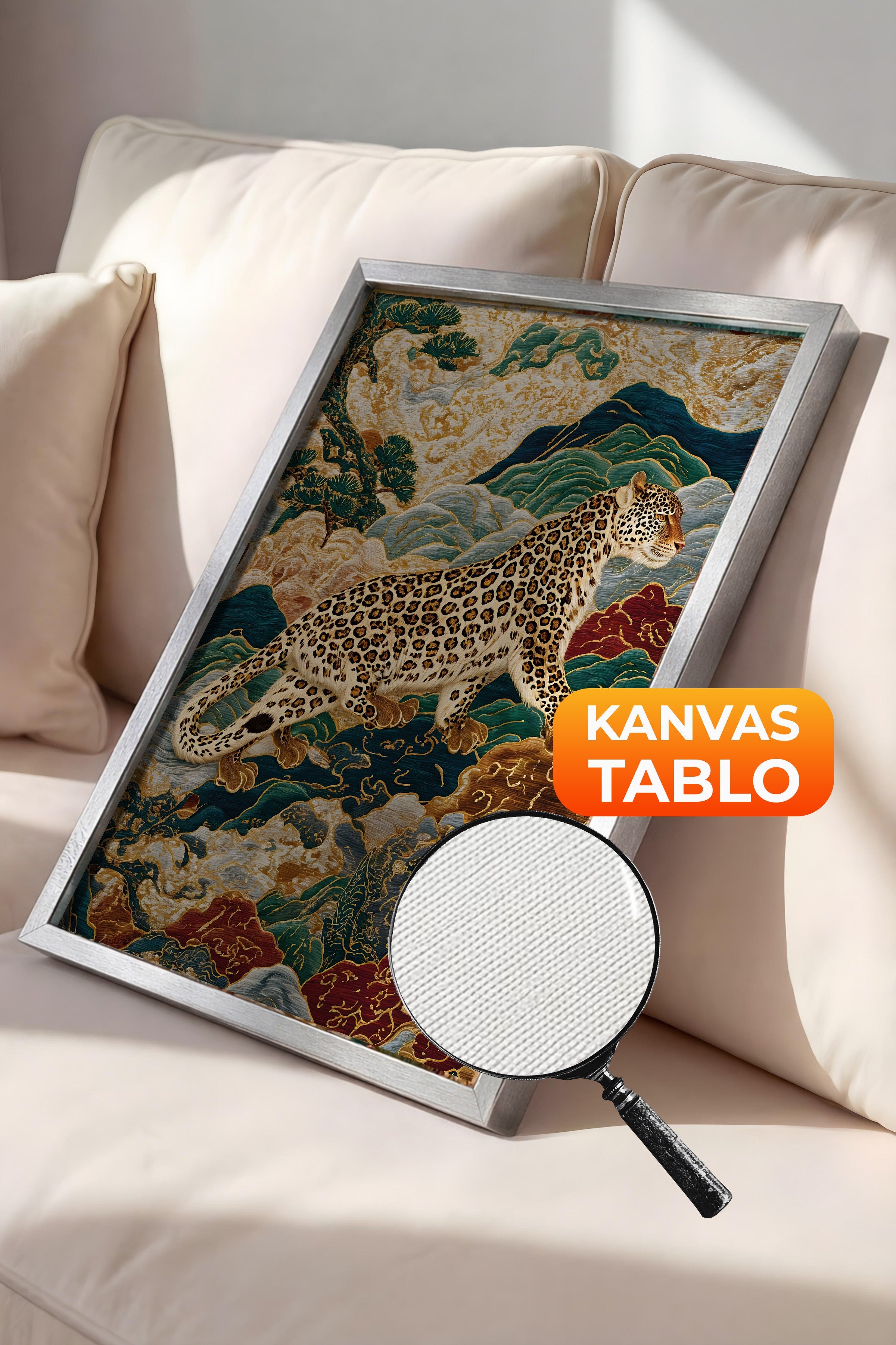 Duvar Tablosu, Lüks Gümüş Çerçeveli Kanvas Tablo, Ritüel Serisi, Leopar Tablo, NO:115250