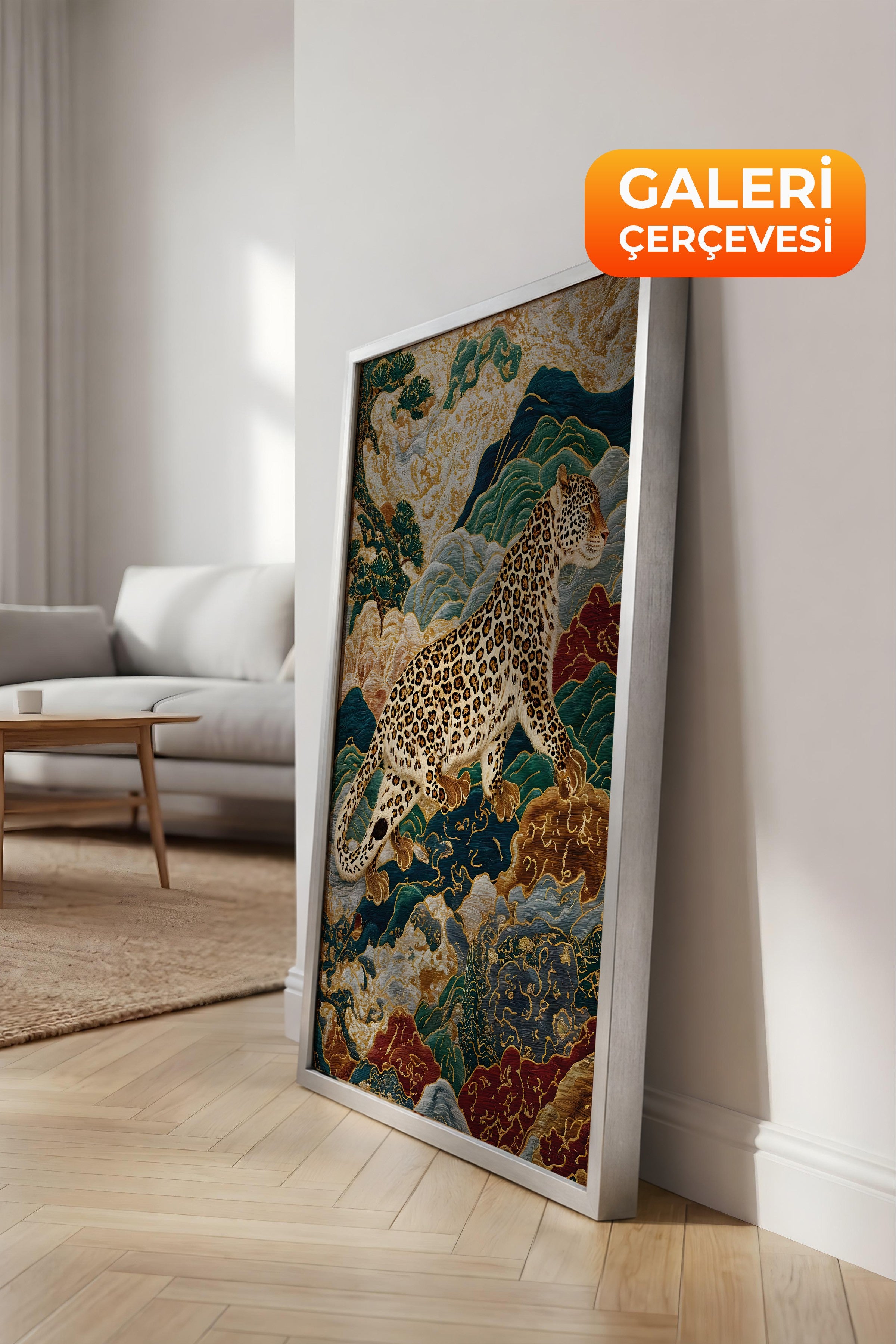 Duvar Tablosu, Lüks Gümüş Çerçeveli Kanvas Tablo, Ritüel Serisi, Leopar Tablo, NO:115250