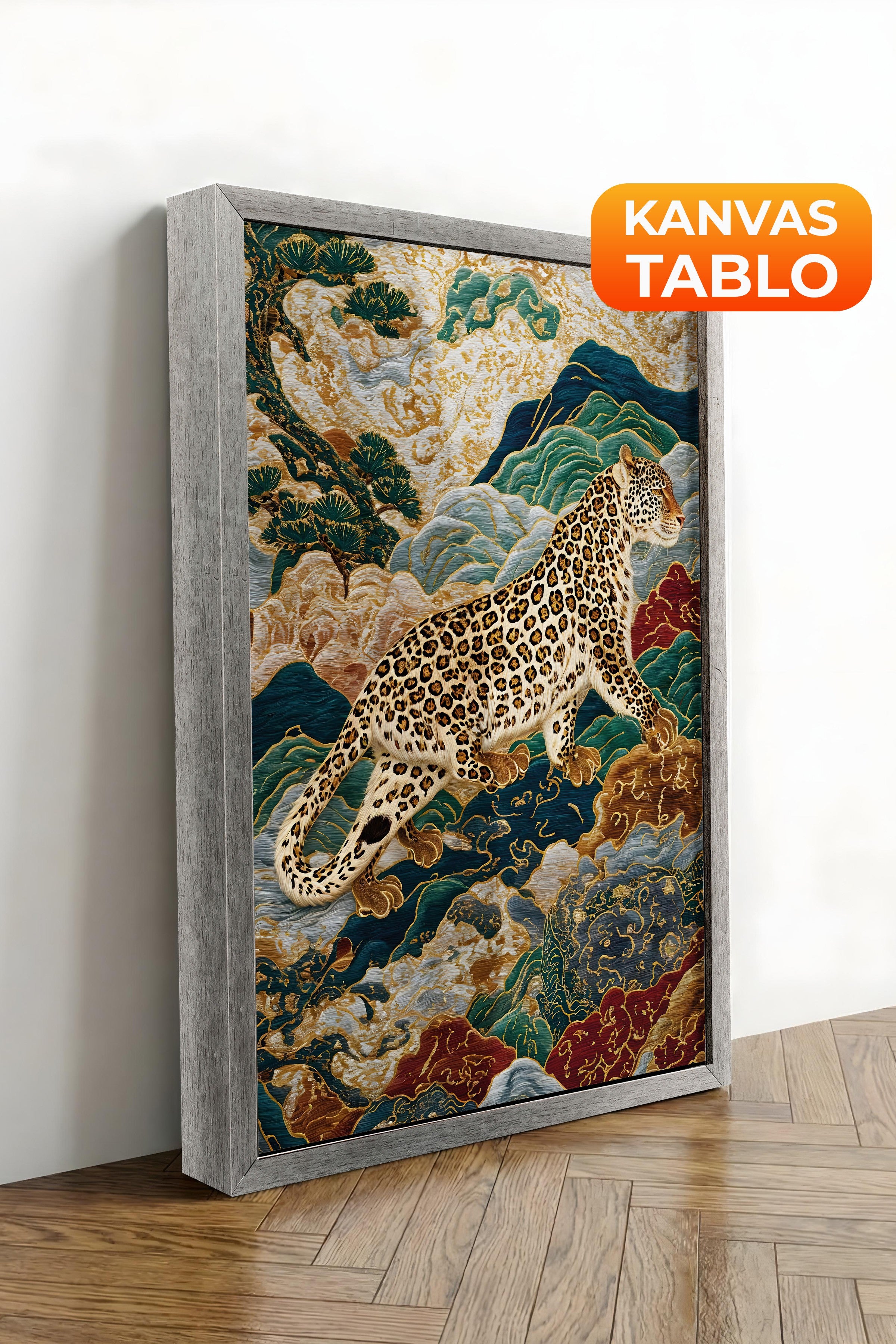 Duvar Tablosu, Lüks Gümüş Çerçeveli Kanvas Tablo, Ritüel Serisi, Leopar Tablo, NO:115250