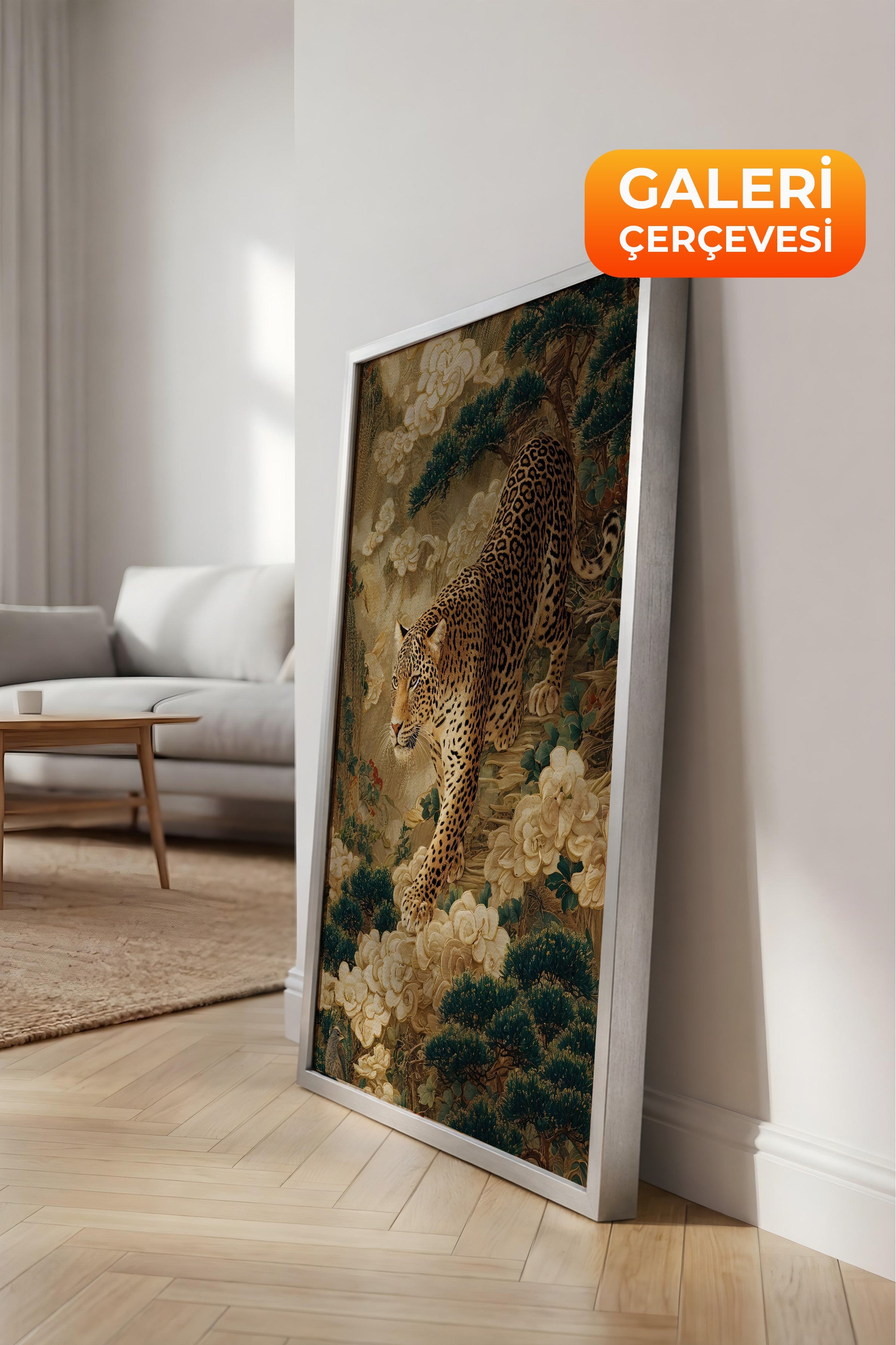 Duvar Tablosu, Lüks Gümüş Çerçeveli Kanvas Tablo, Ritüel Serisi, Leopar Tablo, NO:115251