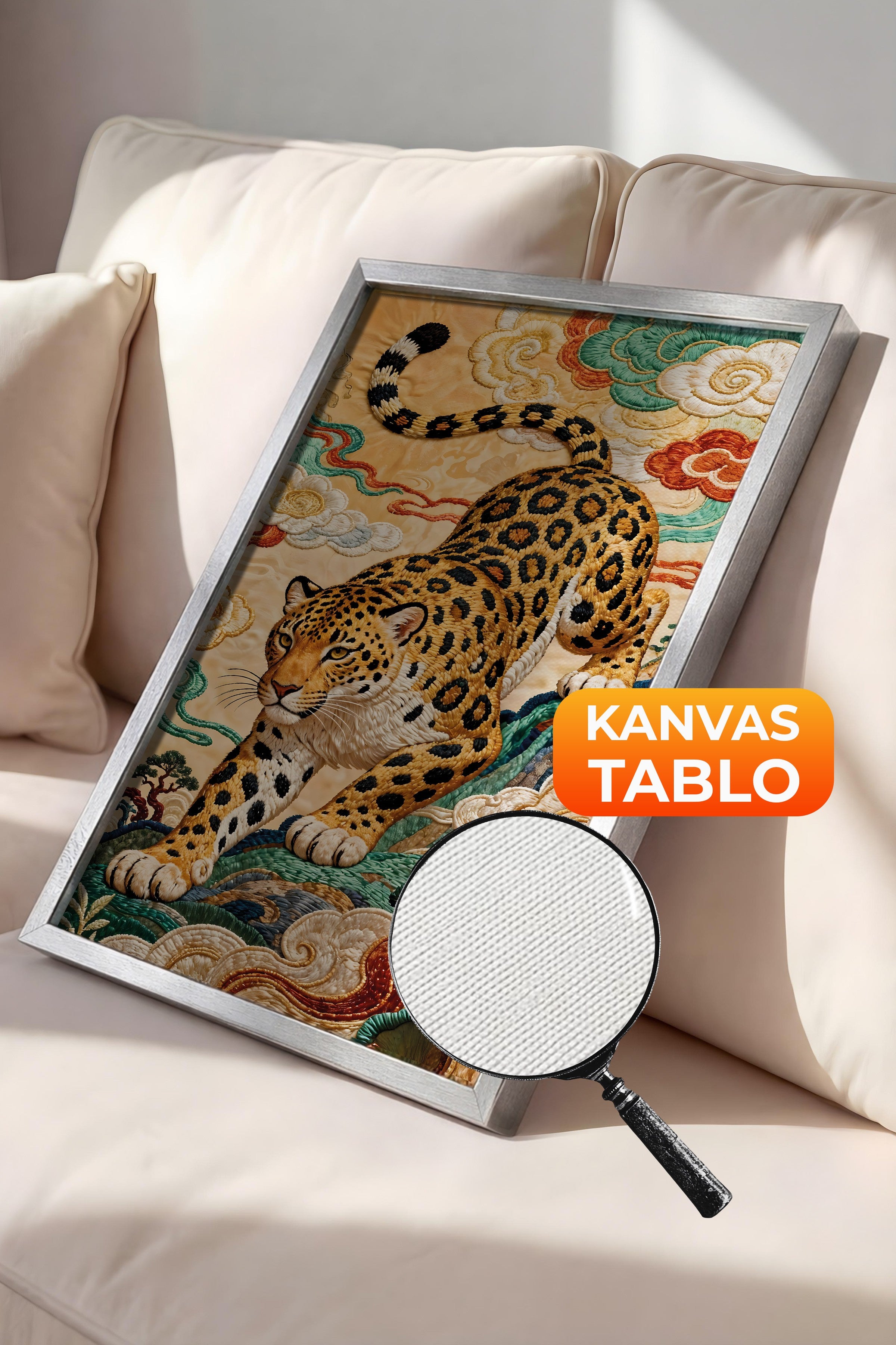 Duvar Tablosu, Lüks Gümüş Çerçeveli Kanvas Tablo, Ritüel Serisi, Leopar Tablo, NO:115253