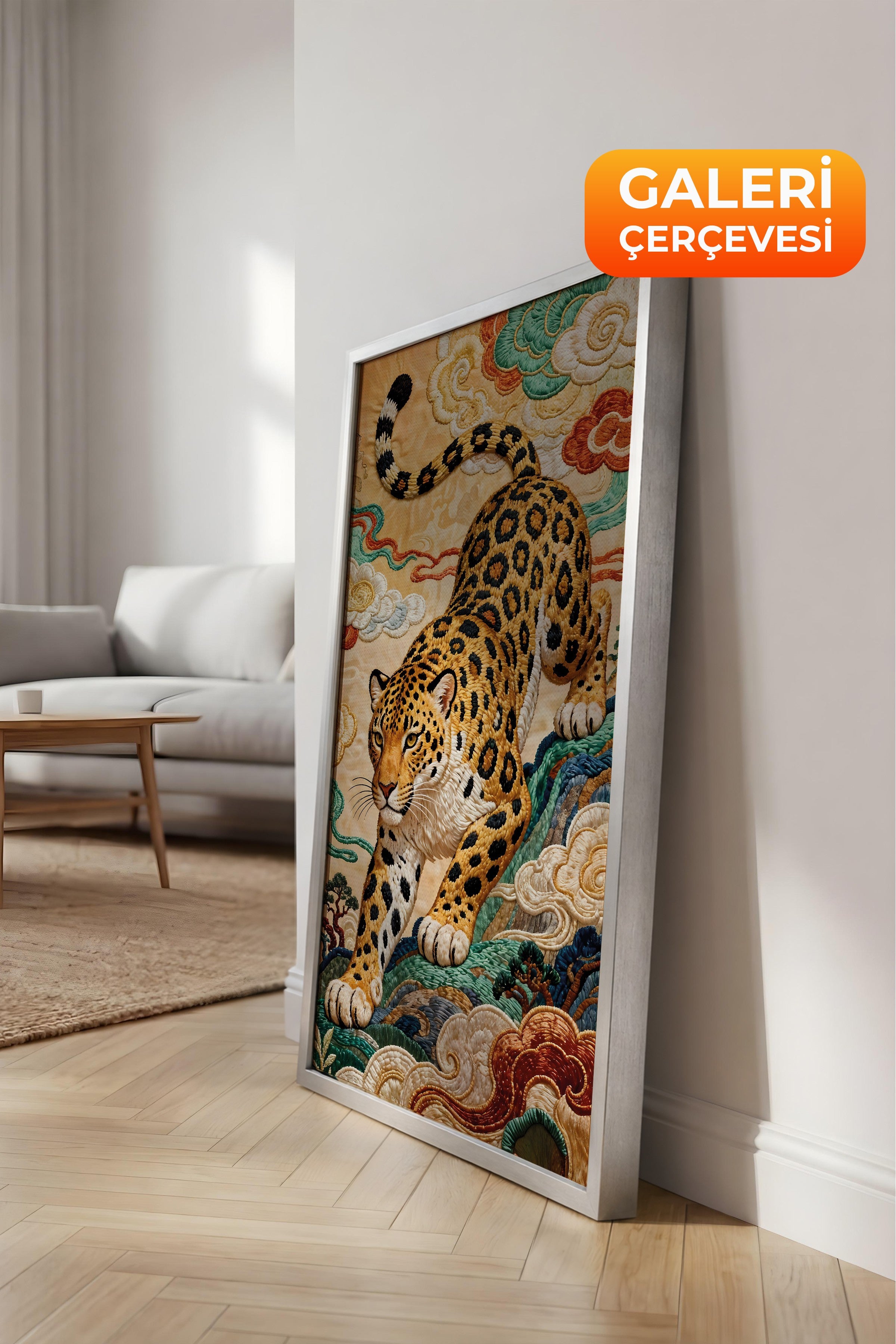 Duvar Tablosu, Lüks Gümüş Çerçeveli Kanvas Tablo, Ritüel Serisi, Leopar Tablo, NO:115253