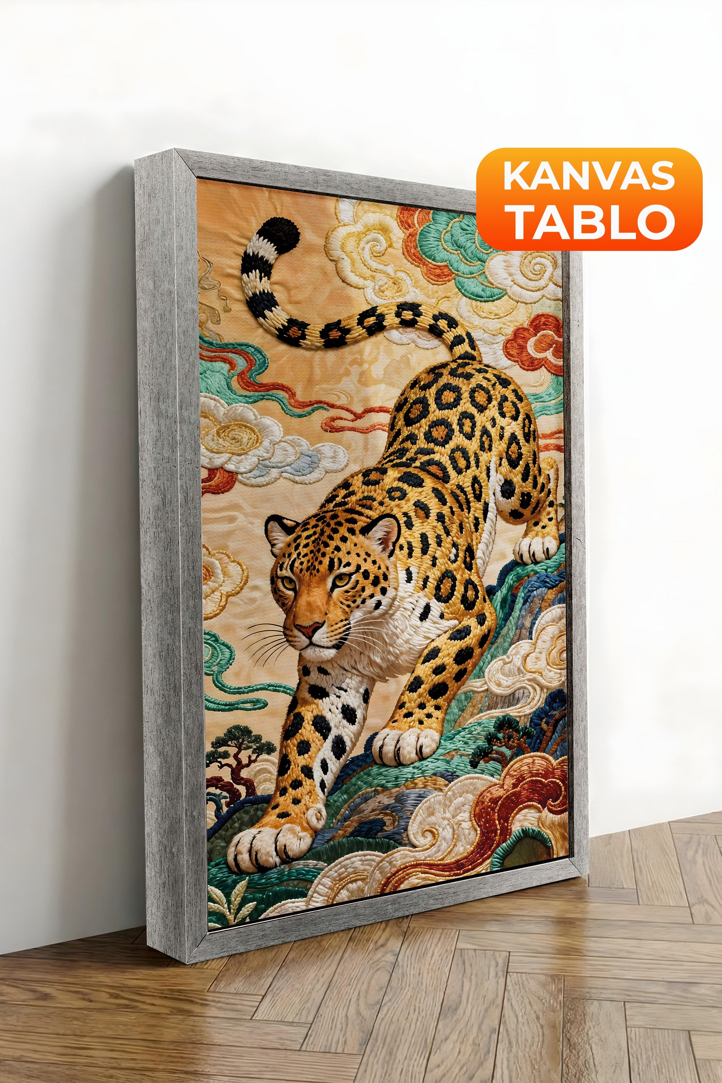 Duvar Tablosu, Lüks Gümüş Çerçeveli Kanvas Tablo, Ritüel Serisi, Leopar Tablo, NO:115253