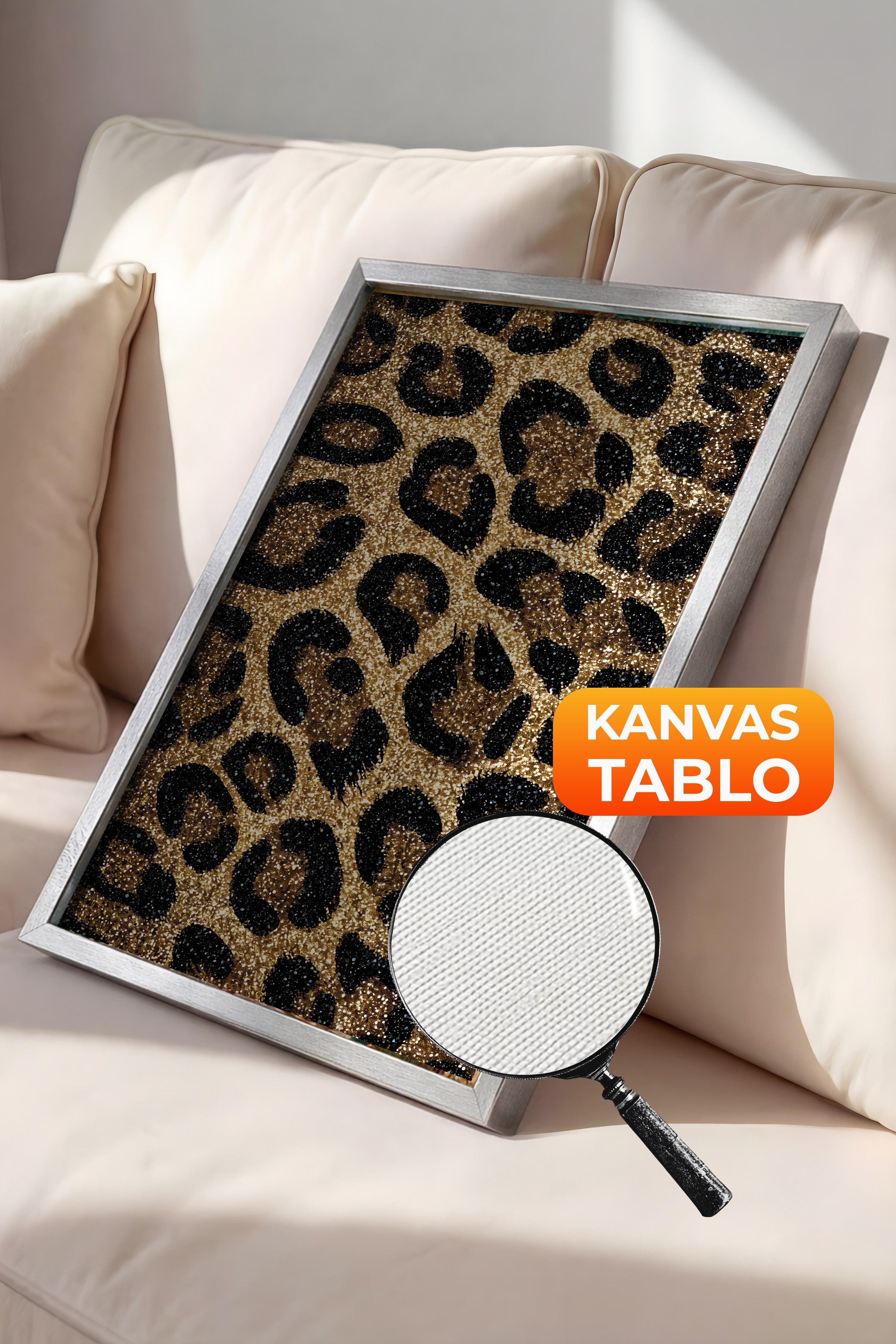 Duvar Tablosu, Lüks Gümüş Çerçeveli Kanvas Tablo, Ritüel Serisi, Leopar Tablo, NO:115264