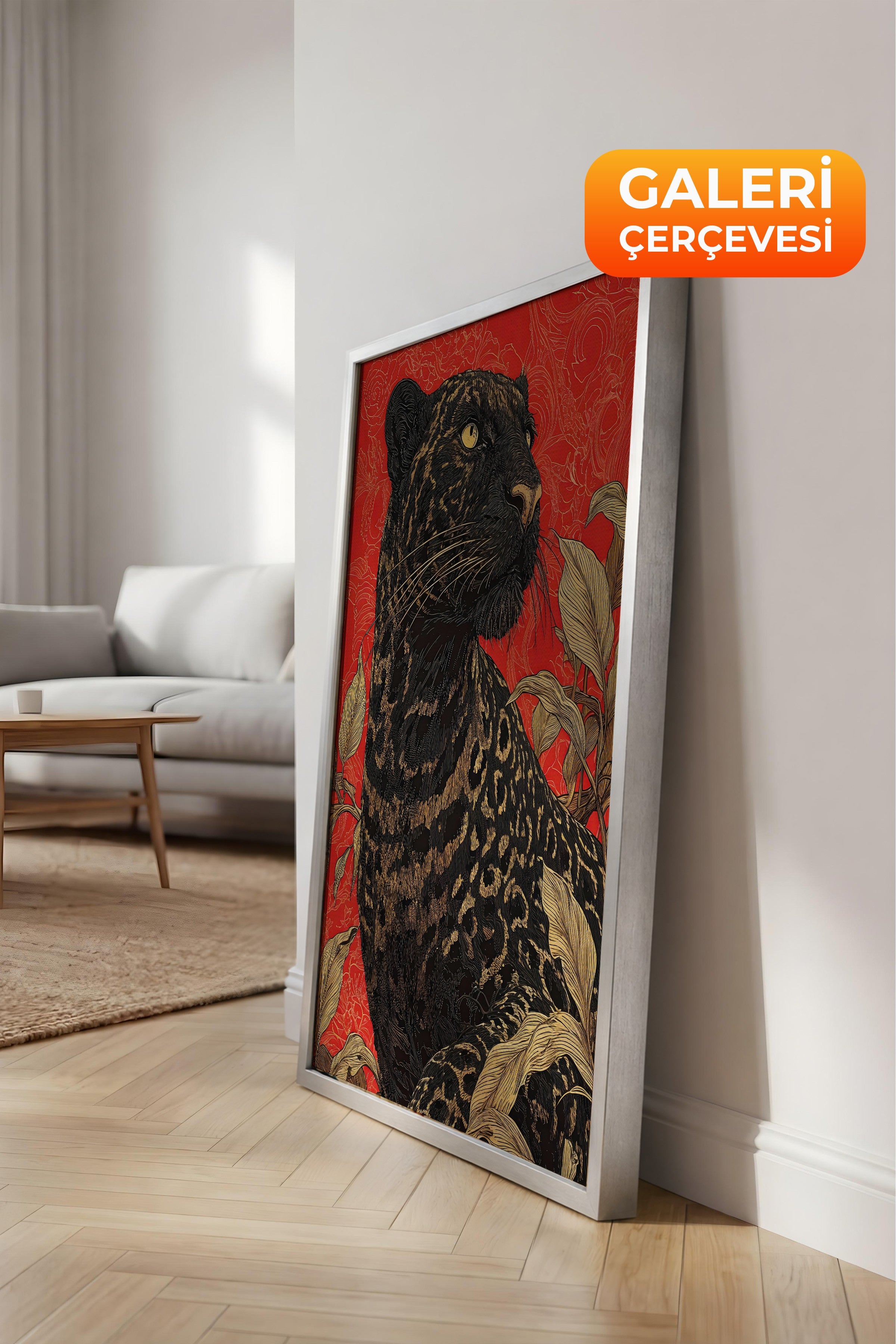 Duvar Tablosu, Lüks Gümüş Çerçeveli Kanvas Tablo, Ritüel Serisi, Leopar Tablo, NO:115265