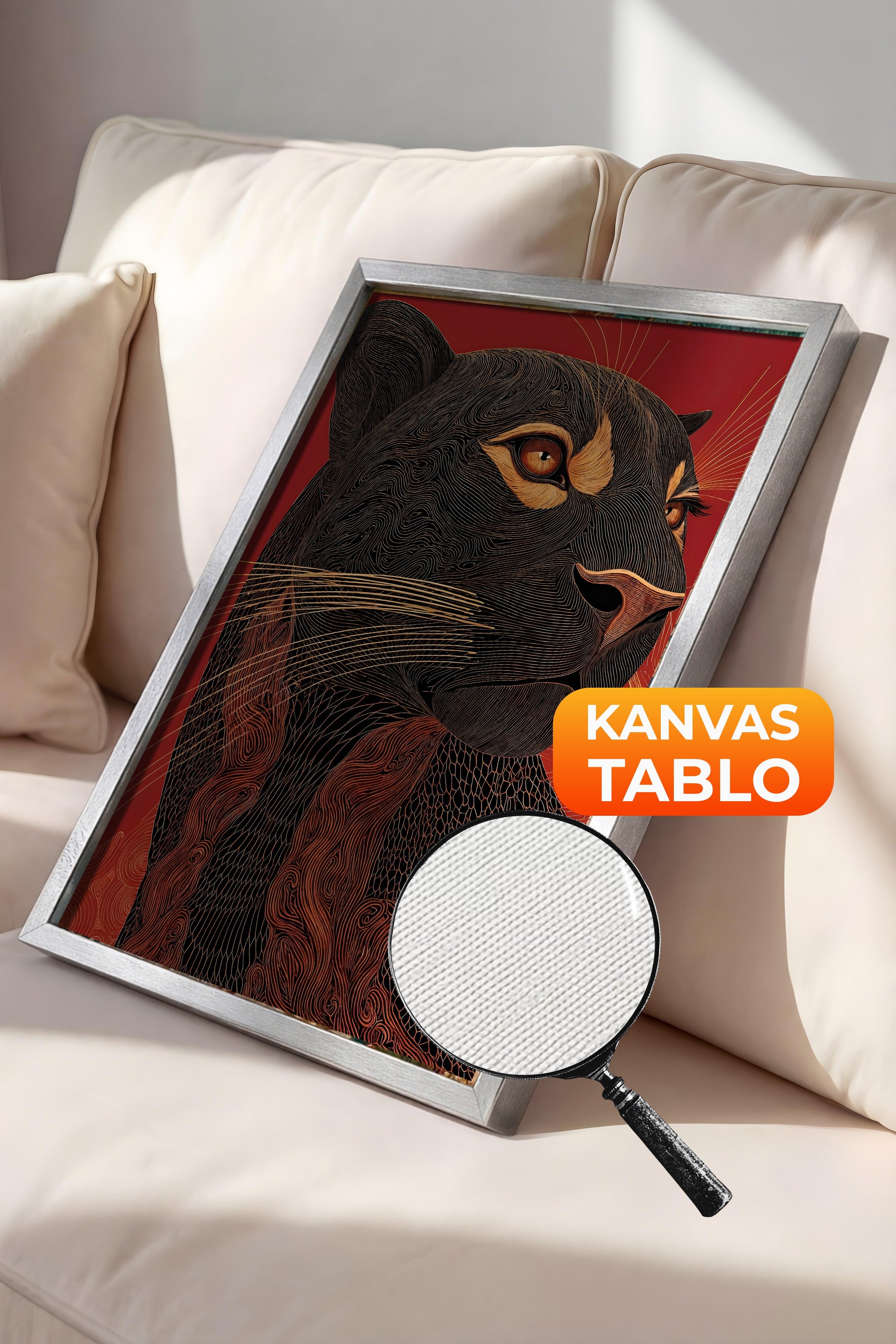 Duvar Tablosu, Lüks Gümüş Çerçeveli Kanvas Tablo, Ritüel Serisi, Leopar Tablo, NO:115267