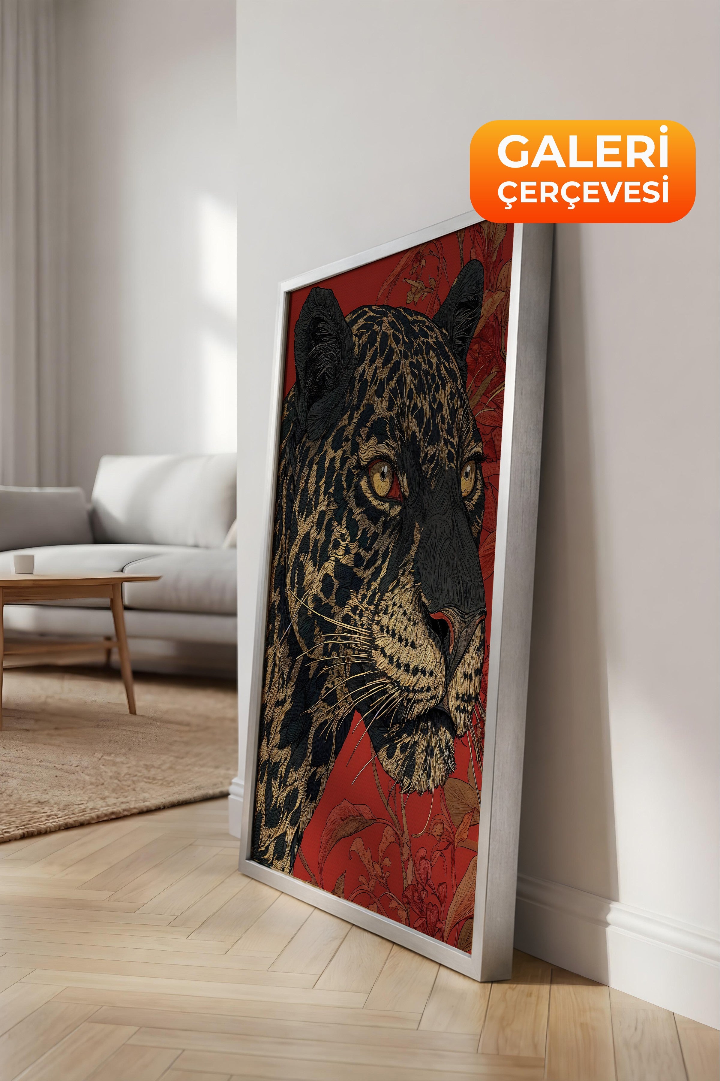 Duvar Tablosu, Lüks Gümüş Çerçeveli Kanvas Tablo, Ritüel Serisi, Leopar Tablo, NO:115268