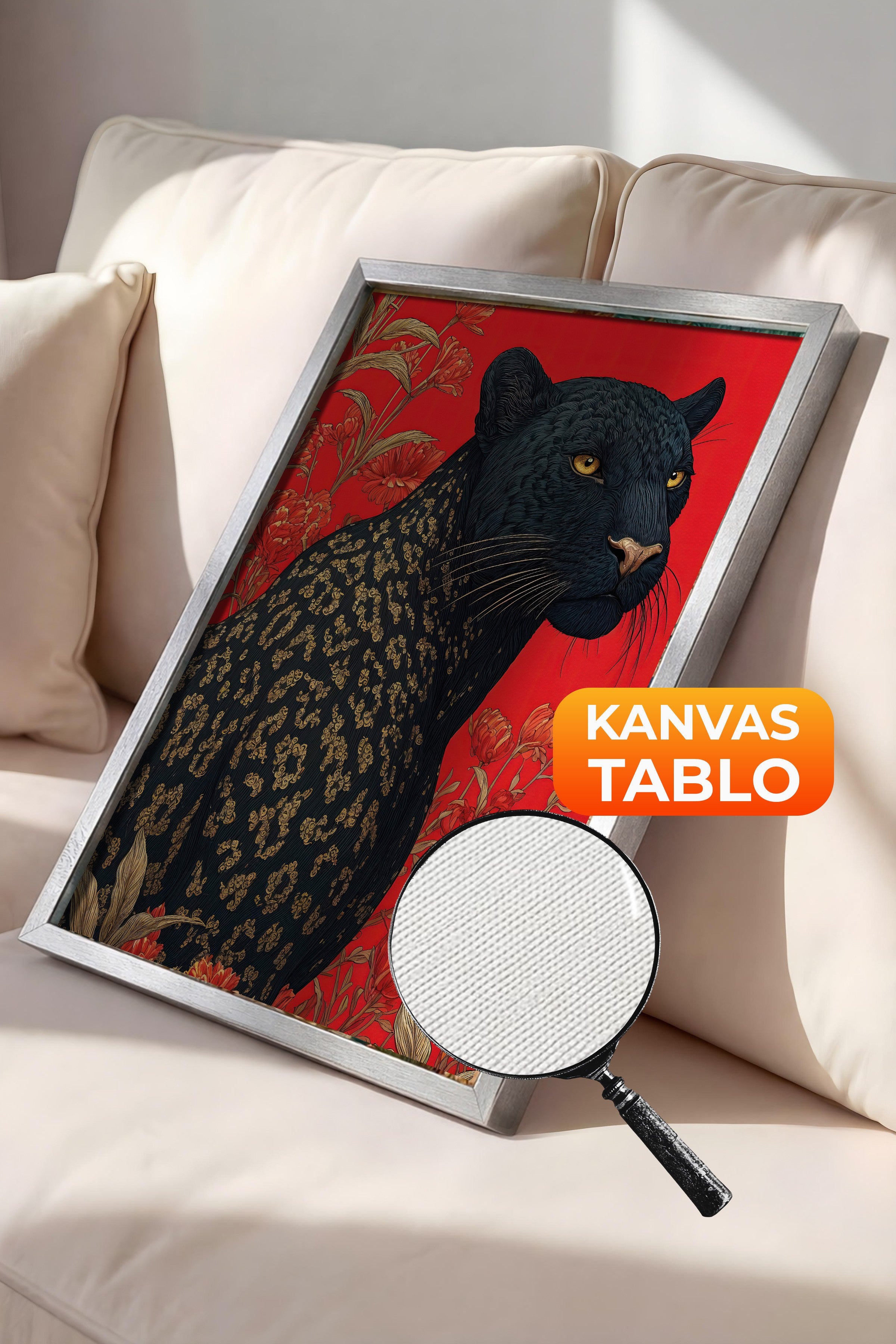 Duvar Tablosu, Lüks Gümüş Çerçeveli Kanvas Tablo, Ritüel Serisi, Leopar Tablo, NO:115269