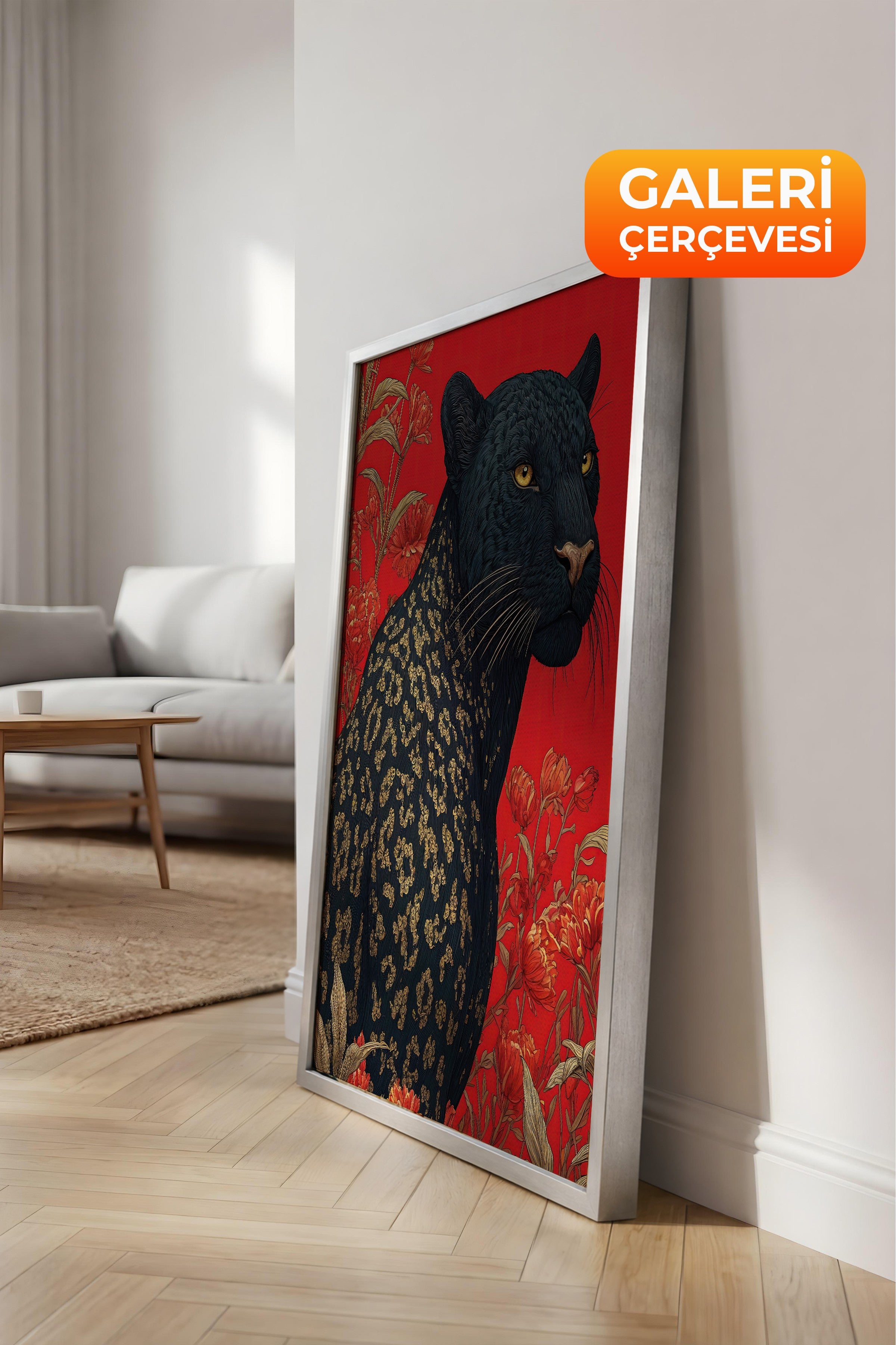 Duvar Tablosu, Lüks Gümüş Çerçeveli Kanvas Tablo, Ritüel Serisi, Leopar Tablo, NO:115269
