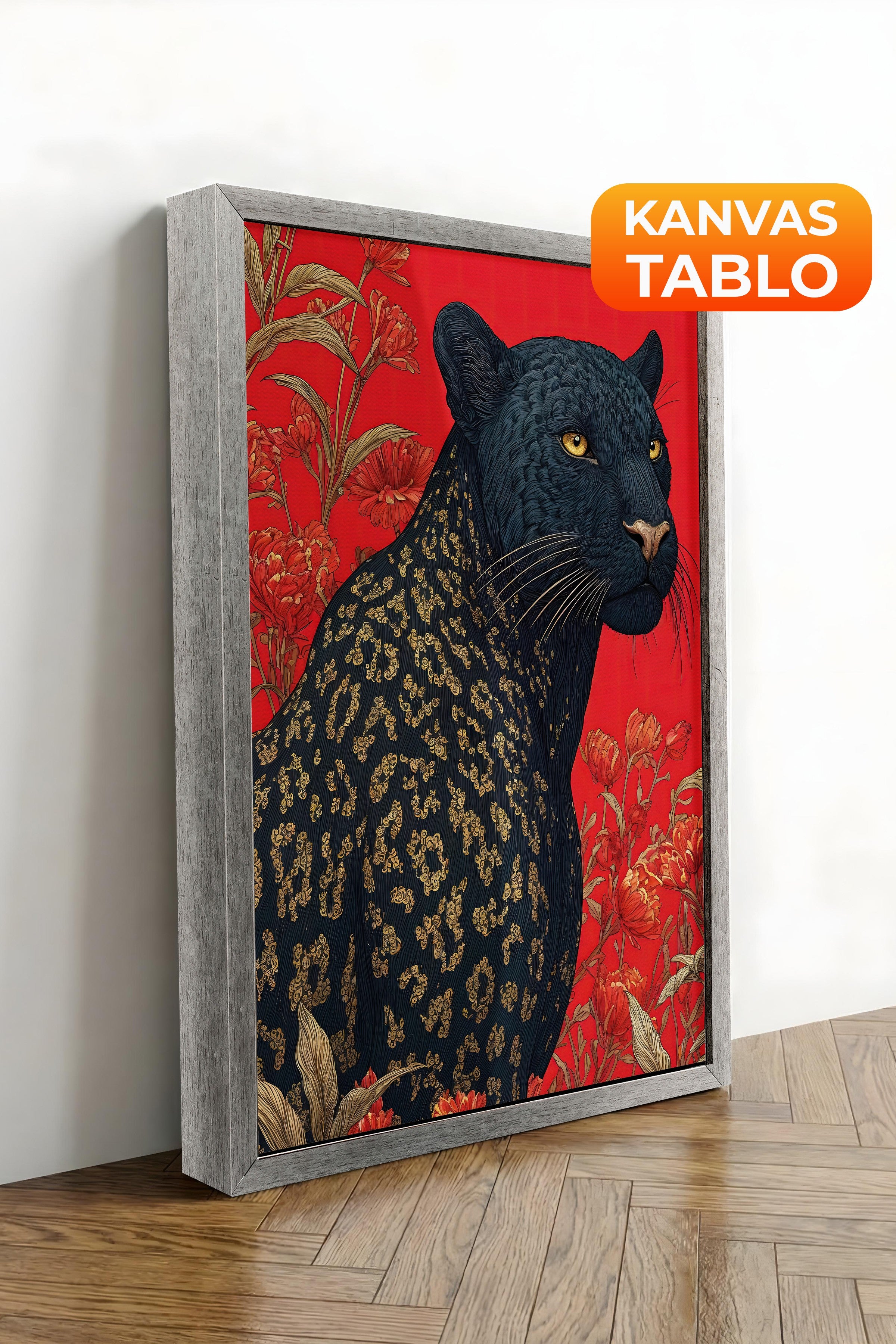 Duvar Tablosu, Lüks Gümüş Çerçeveli Kanvas Tablo, Ritüel Serisi, Leopar Tablo, NO:115269