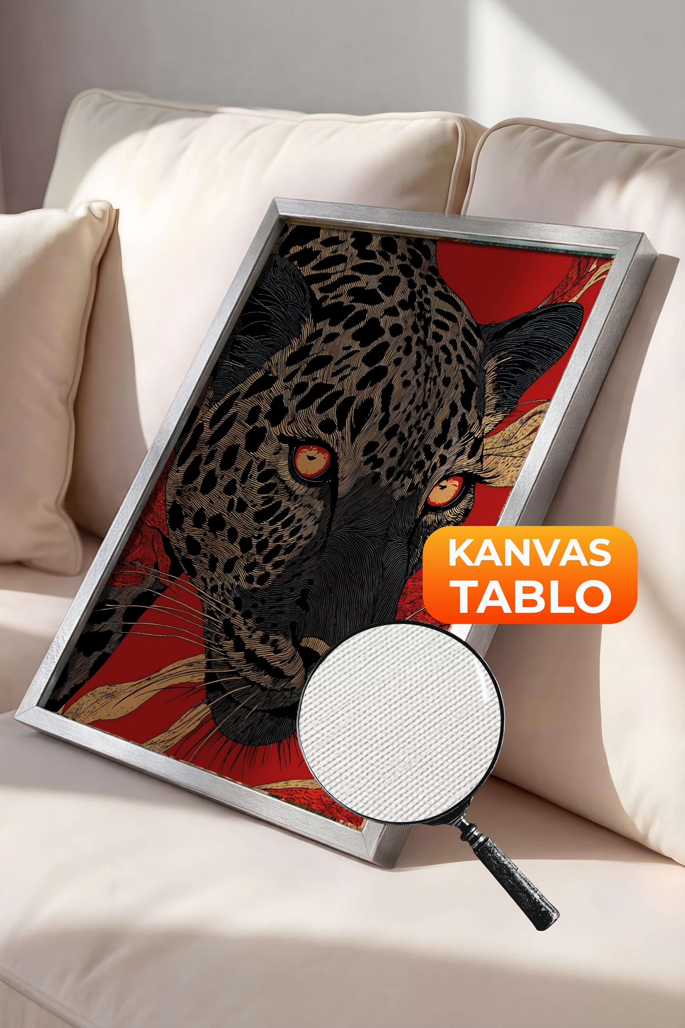 Duvar Tablosu, Lüks Gümüş Çerçeveli Kanvas Tablo, Ritüel Serisi, Leopar Tablo, NO:115270