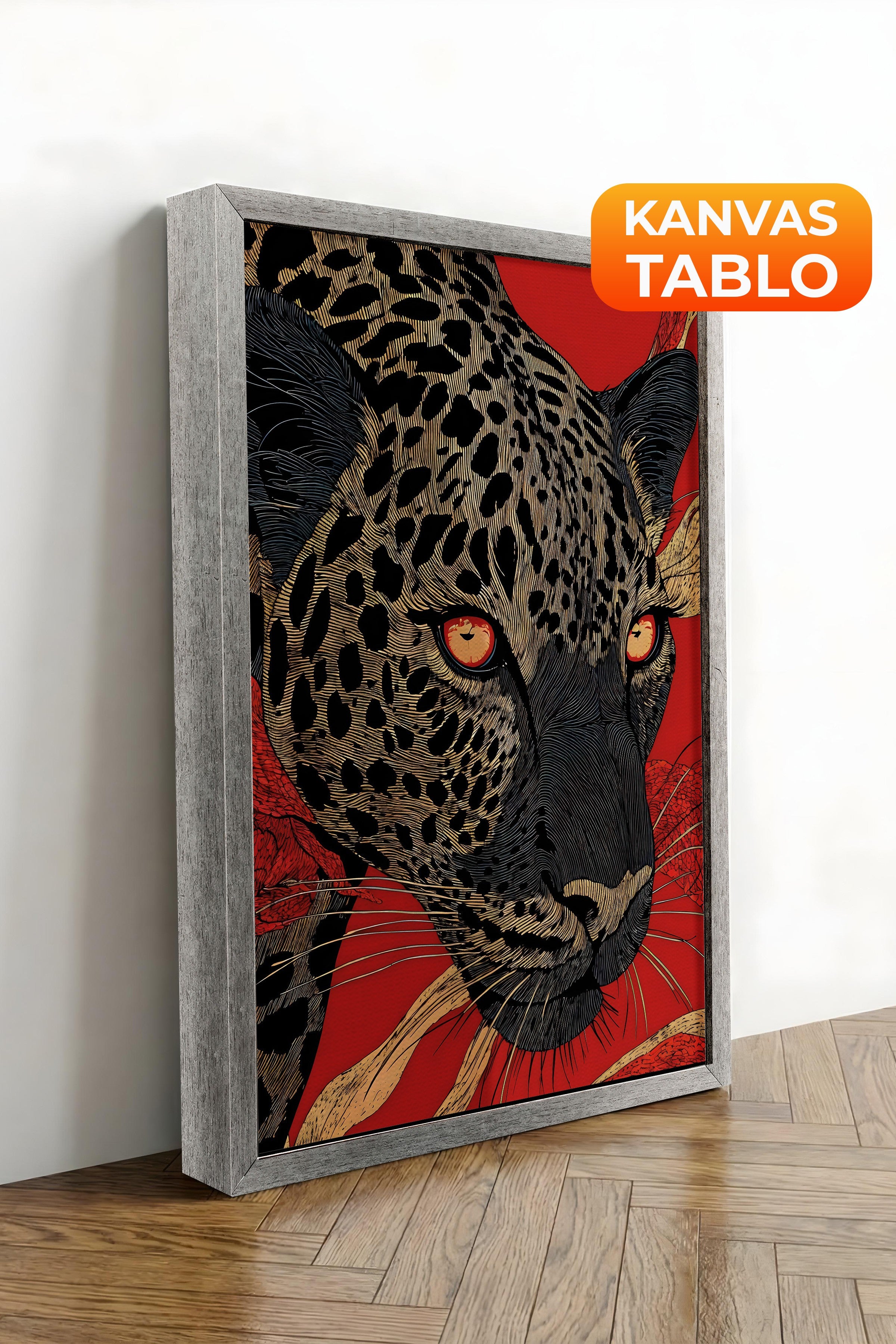Duvar Tablosu, Lüks Gümüş Çerçeveli Kanvas Tablo, Ritüel Serisi, Leopar Tablo, NO:115270