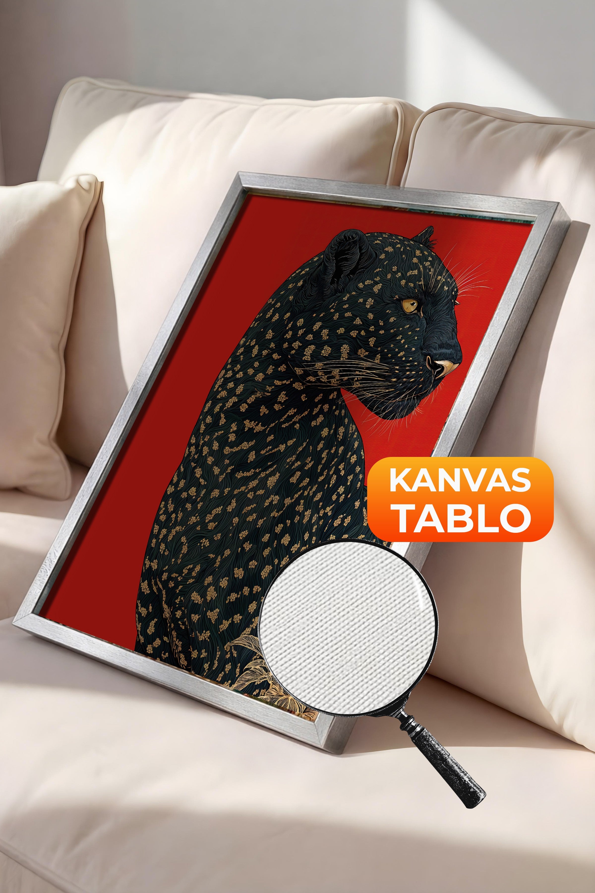 Duvar Tablosu, Lüks Gümüş Çerçeveli Kanvas Tablo, Ritüel Serisi, Leopar Tablo, NO:115272
