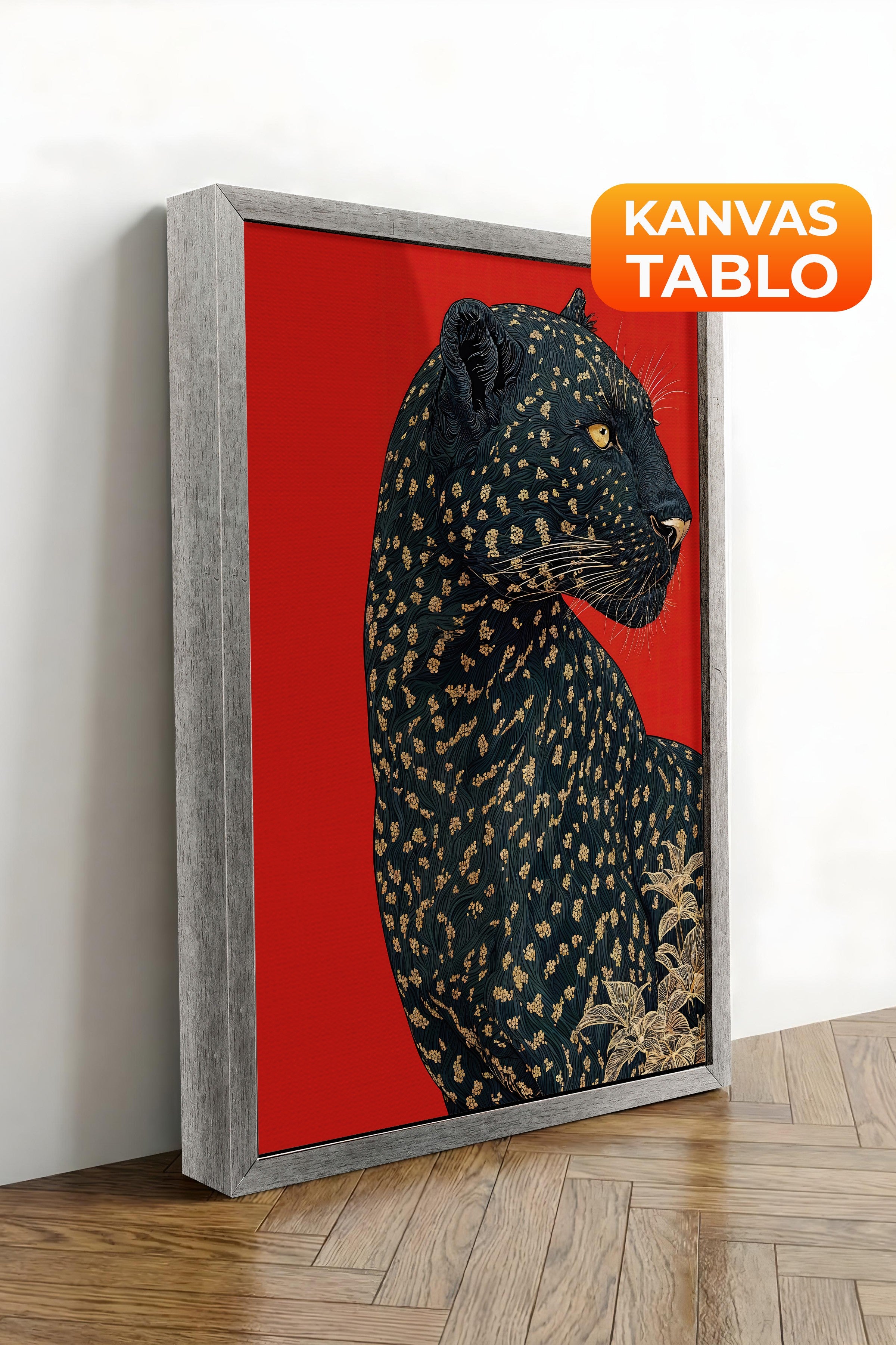 Duvar Tablosu, Lüks Gümüş Çerçeveli Kanvas Tablo, Ritüel Serisi, Leopar Tablo, NO:115272