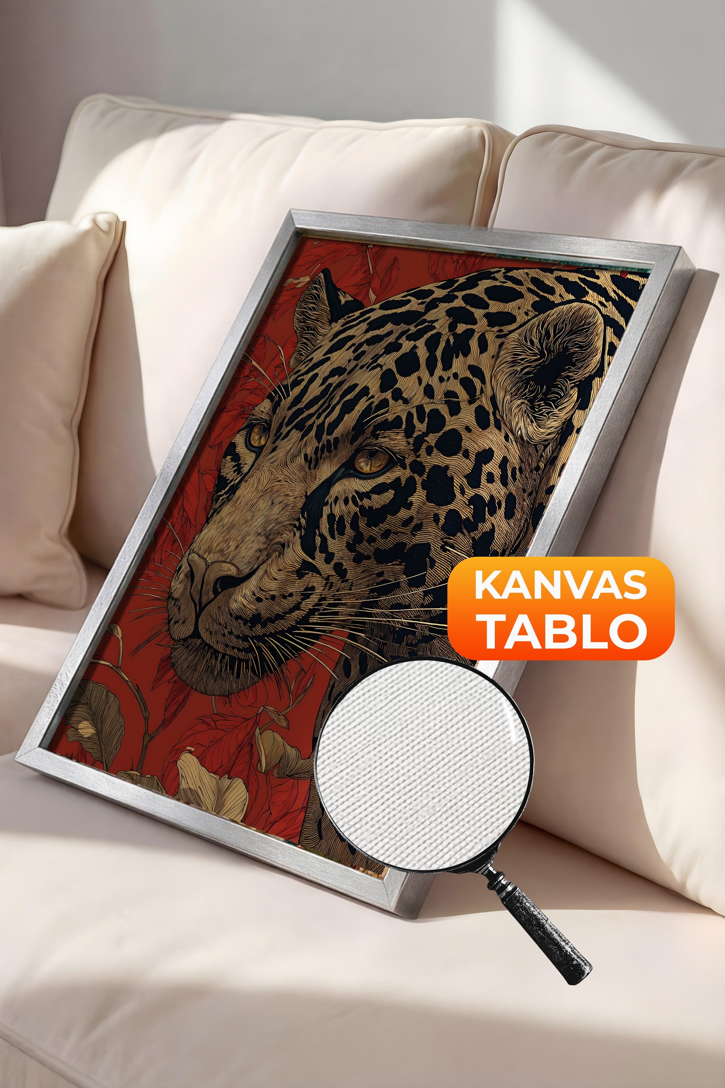 Duvar Tablosu, Lüks Gümüş Çerçeveli Kanvas Tablo, Ritüel Serisi, Leopar Tablo, NO:115273