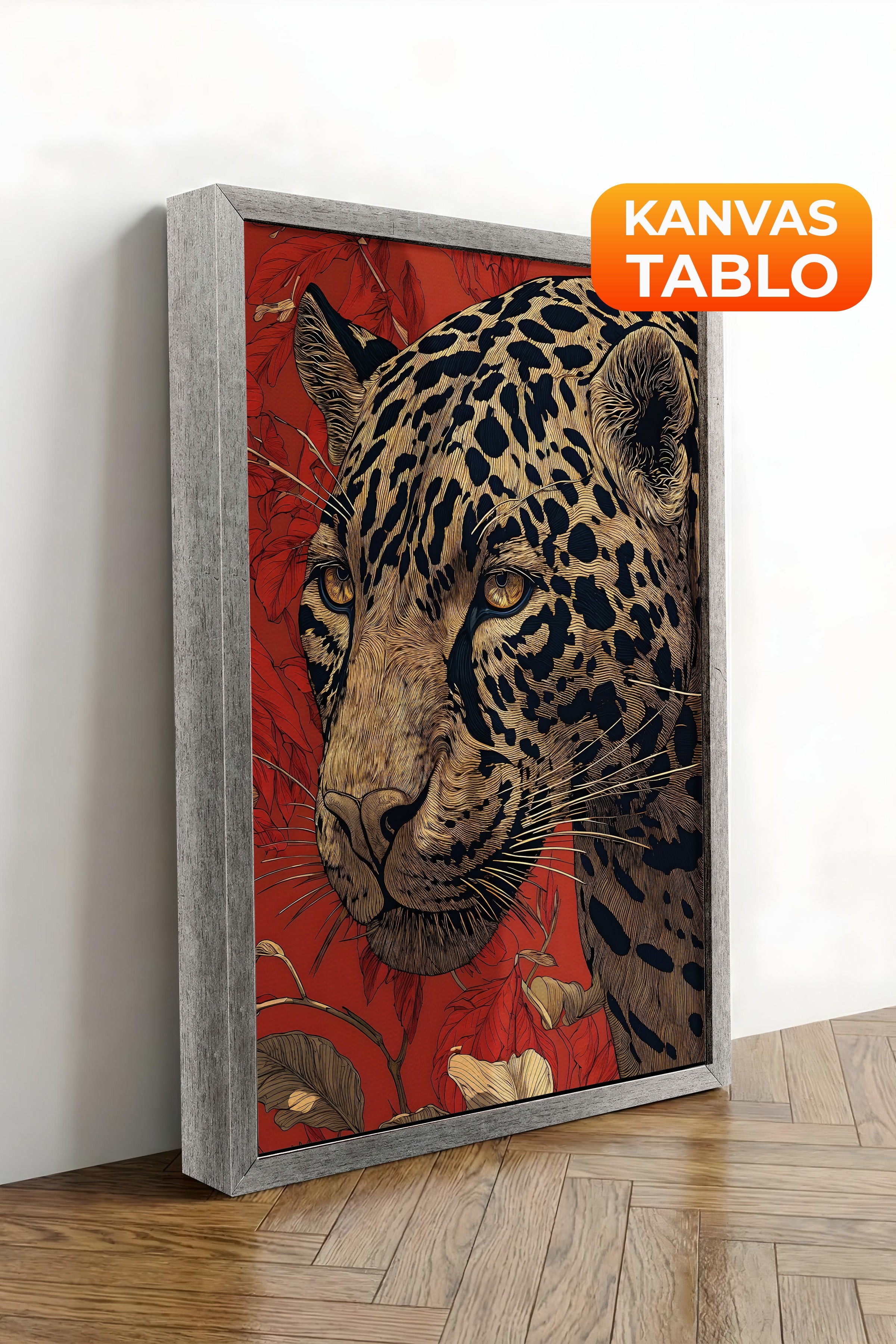 Duvar Tablosu, Lüks Gümüş Çerçeveli Kanvas Tablo, Ritüel Serisi, Leopar Tablo, NO:115273