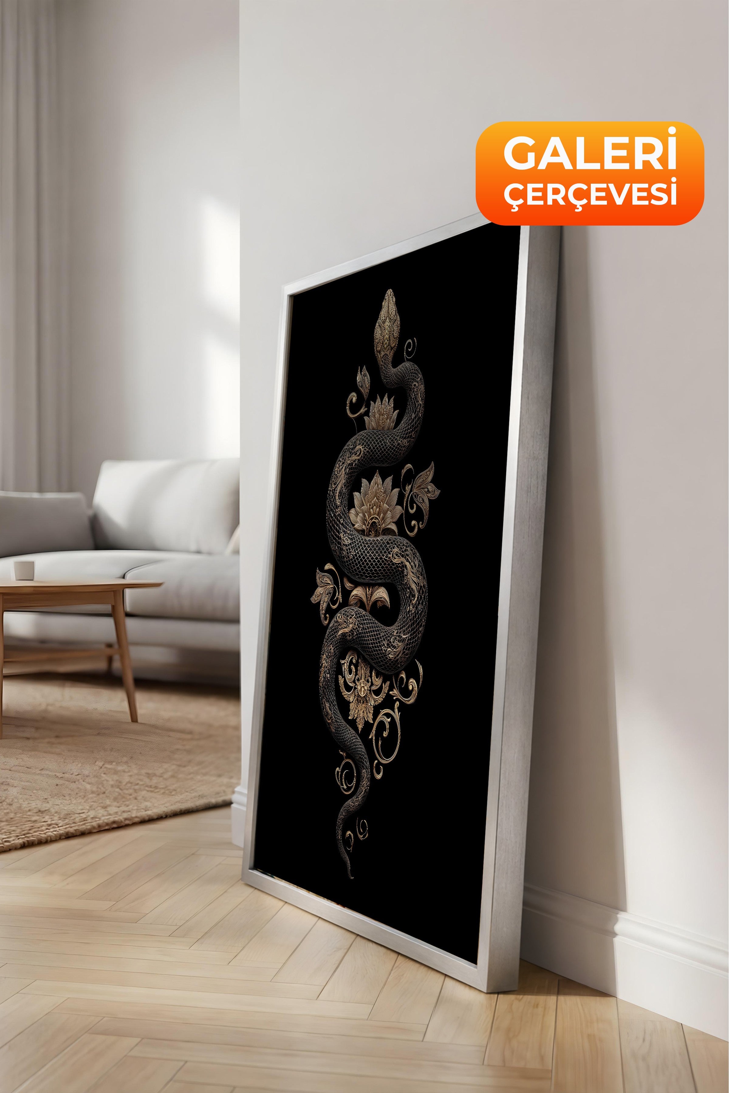 Duvar Tablosu, Lüks Gümüş Çerçeveli Kanvas Tablo, Ritüel Serisi, Yılan Tablo, NO:115259