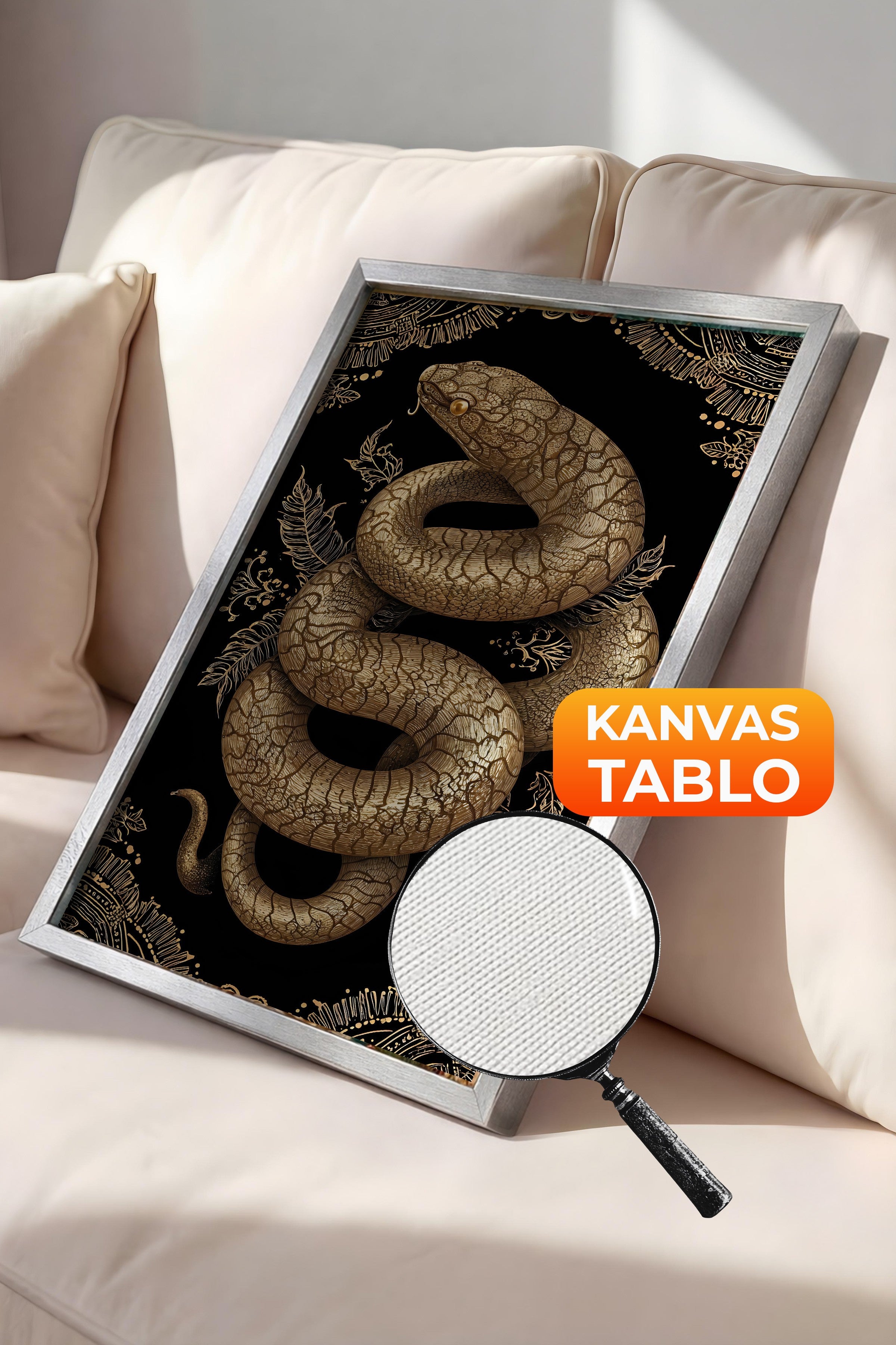 Duvar Tablosu, Lüks Gümüş Çerçeveli Kanvas Tablo, Ritüel Serisi, Yılan Tablo, NO:115271