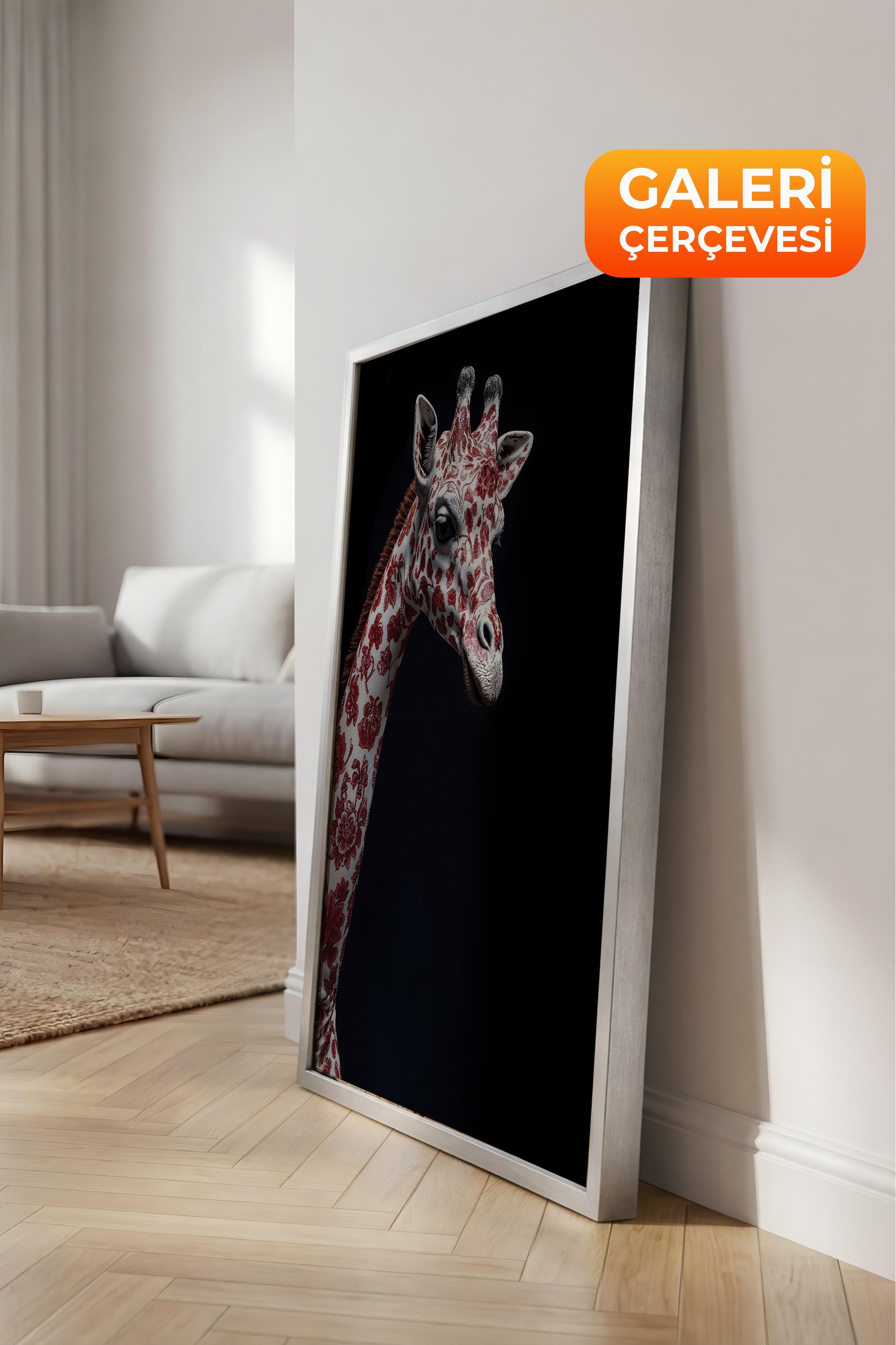 Duvar Tablosu, Lüks Gümüş Çerçeveli Kanvas Tablo, Ritüel Serisi, Zürafa Tablo, NO:115260