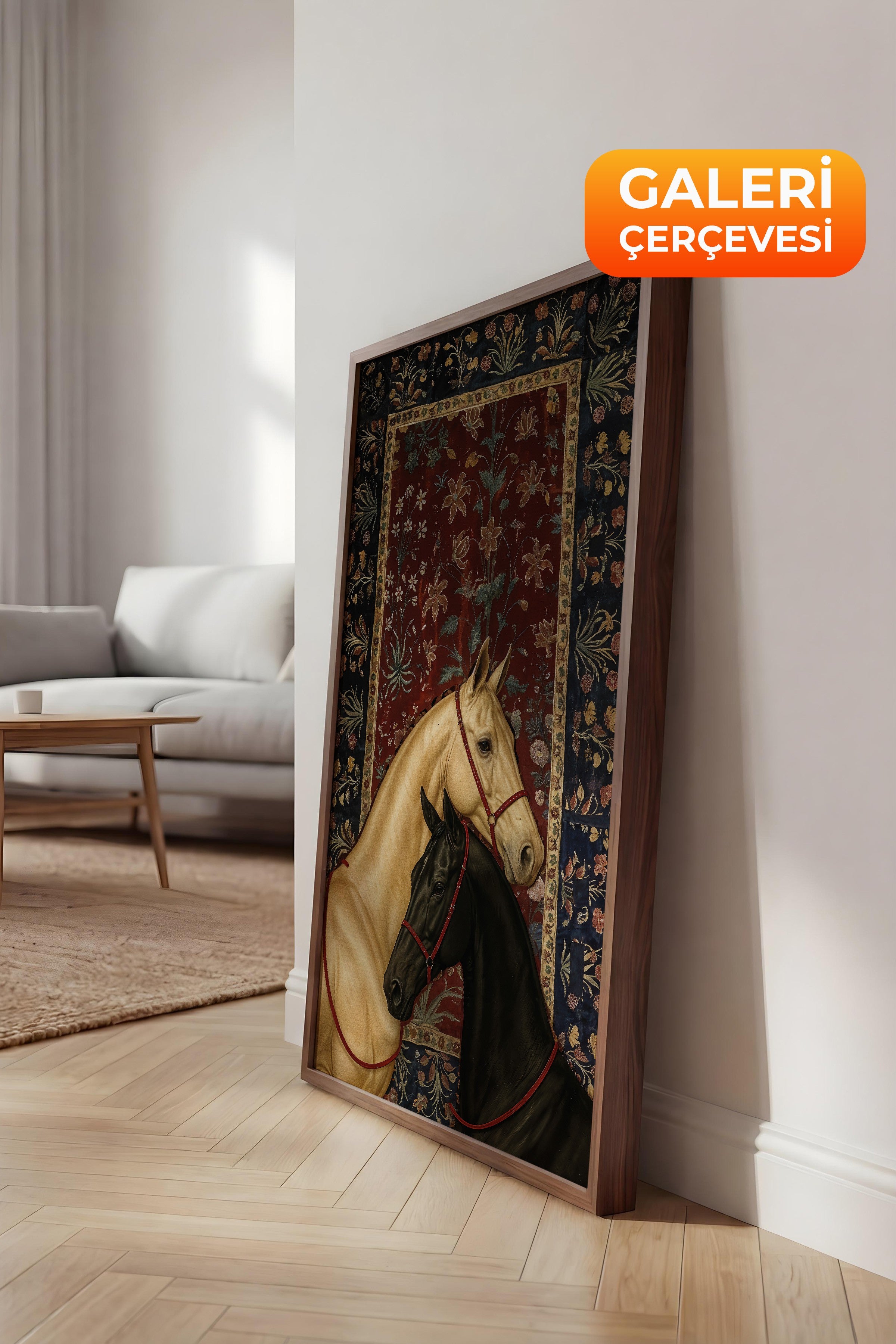 Duvar Tablosu, Lüks Kahverengi Çerçeveli Kanvas Tablo, Ritüel Serisi, At Tablo, NO:115197
