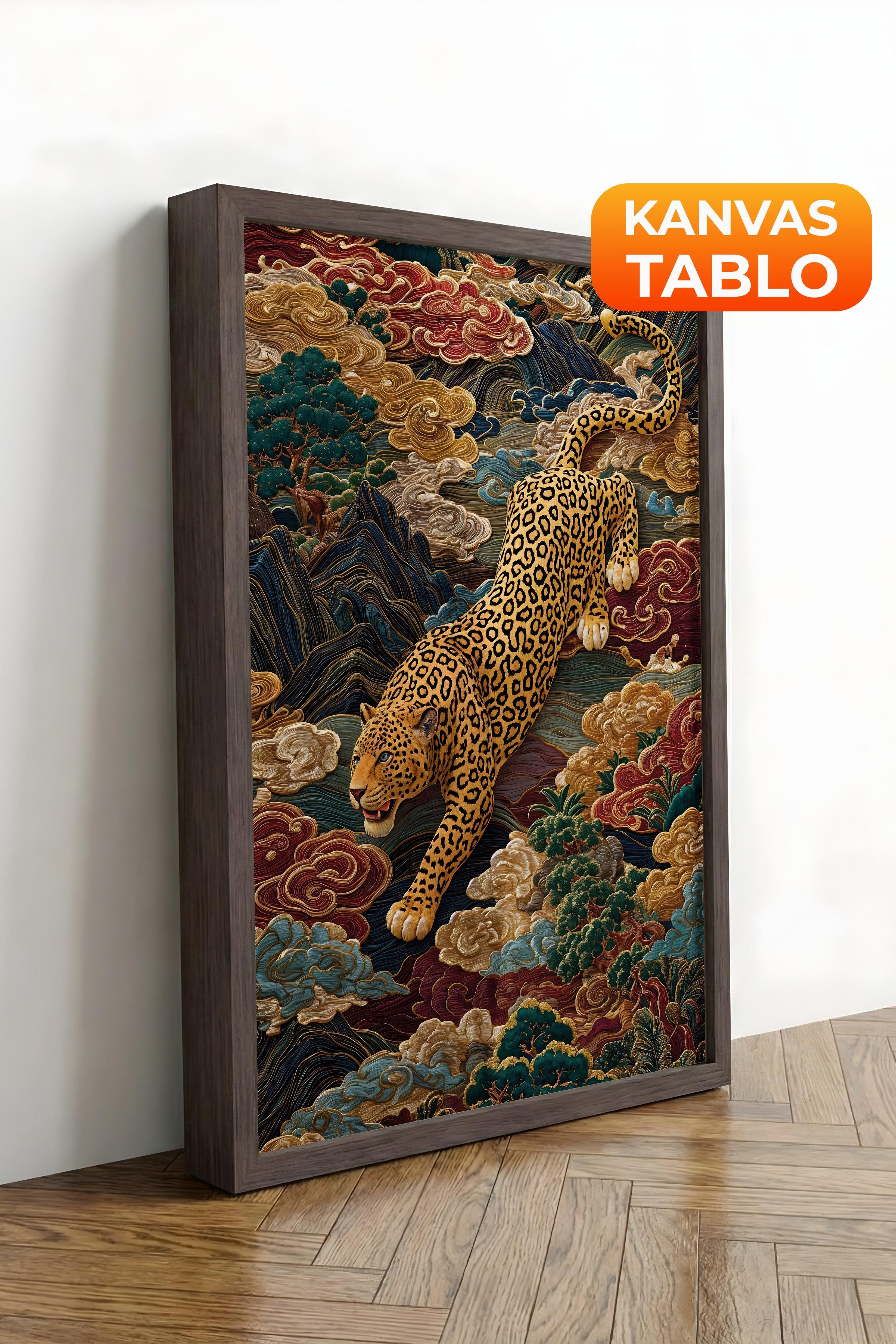 Duvar Tablosu, Lüks Kahverengi Çerçeveli Kanvas Tablo, Ritüel Serisi, Leopar Tablo, NO:115247