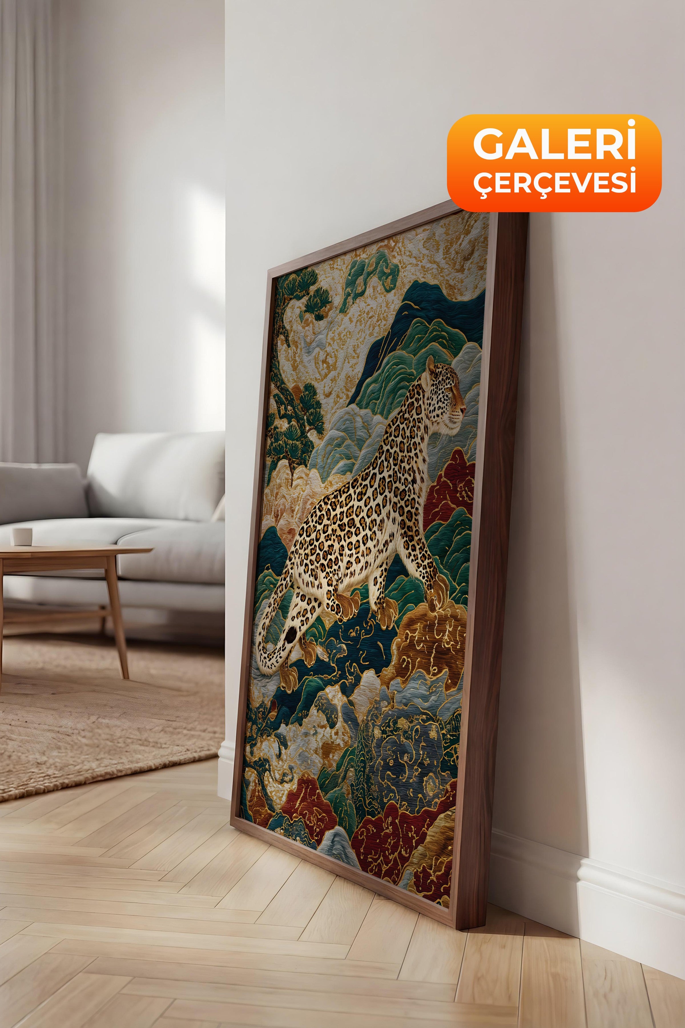 Duvar Tablosu, Lüks Kahverengi Çerçeveli Kanvas Tablo, Ritüel Serisi, Leopar Tablo, NO:115250