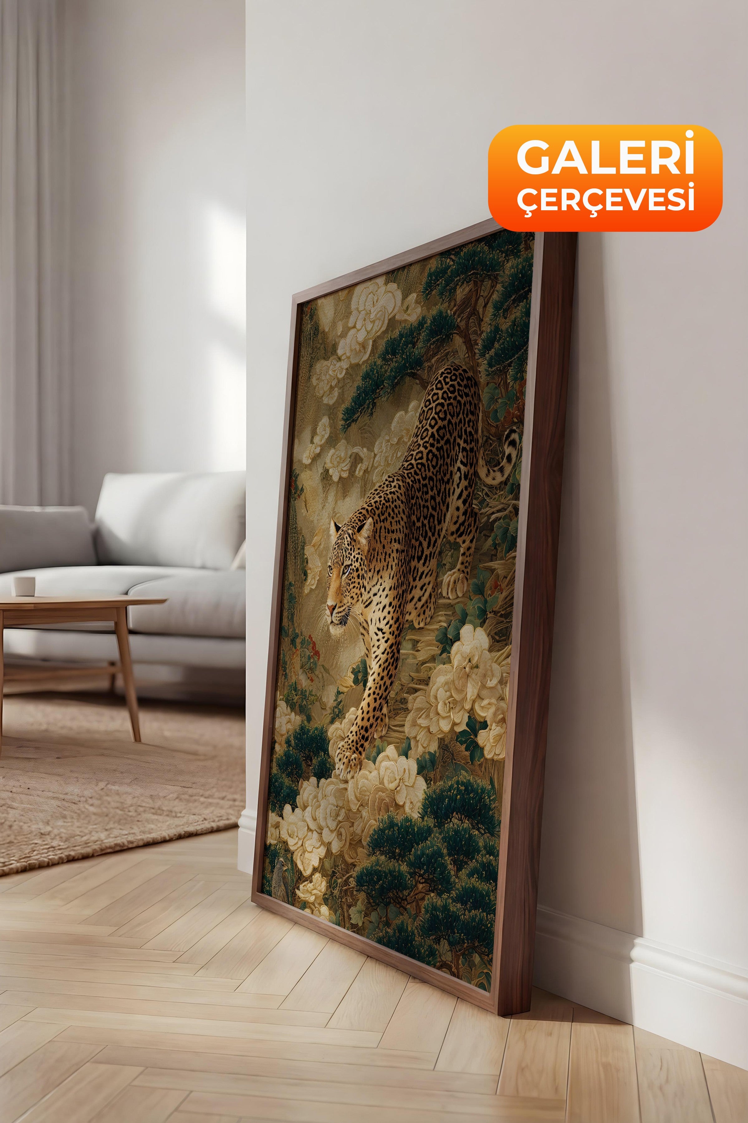 Duvar Tablosu, Lüks Kahverengi Çerçeveli Kanvas Tablo, Ritüel Serisi, Leopar Tablo, NO:115251