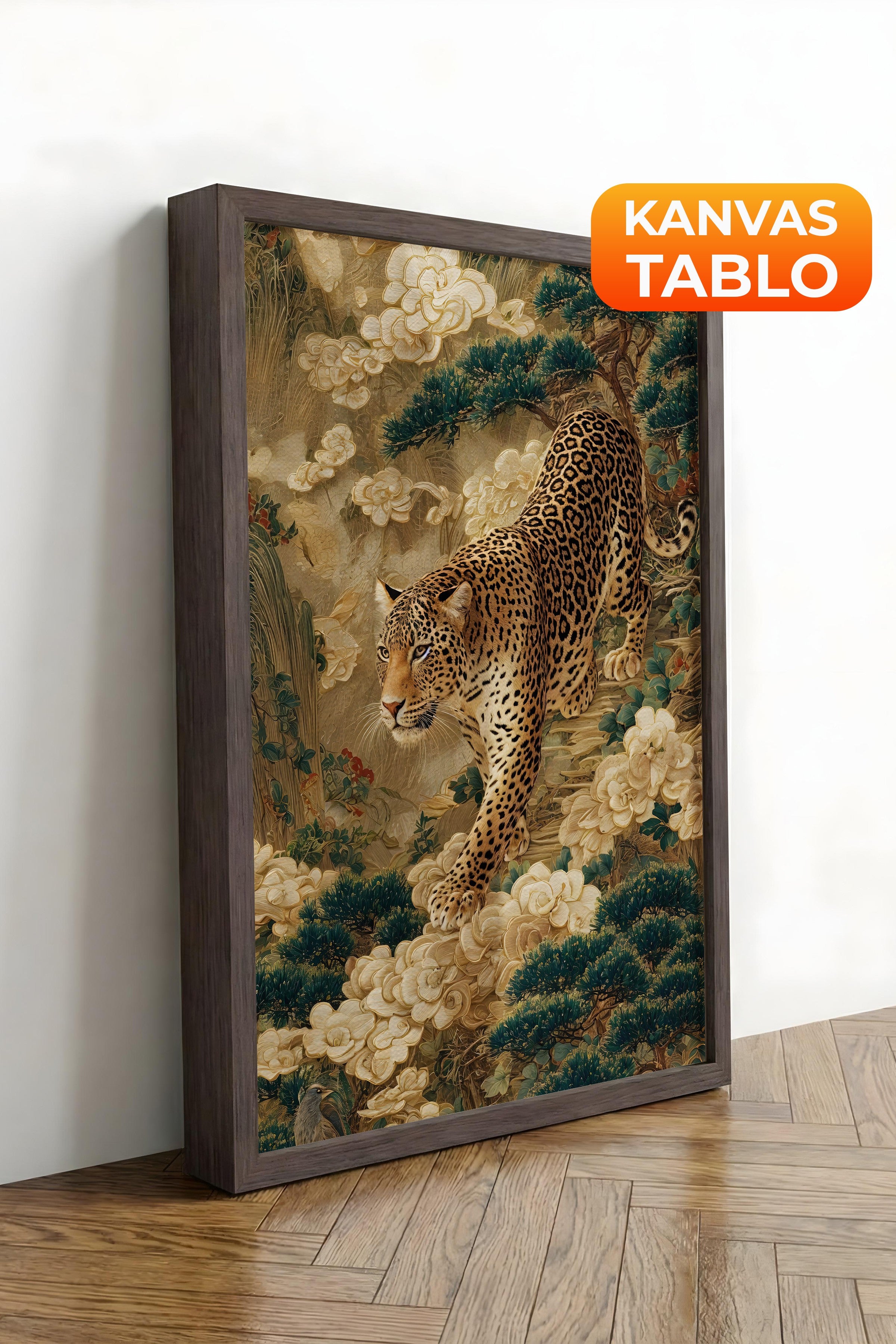 Duvar Tablosu, Lüks Kahverengi Çerçeveli Kanvas Tablo, Ritüel Serisi, Leopar Tablo, NO:115251