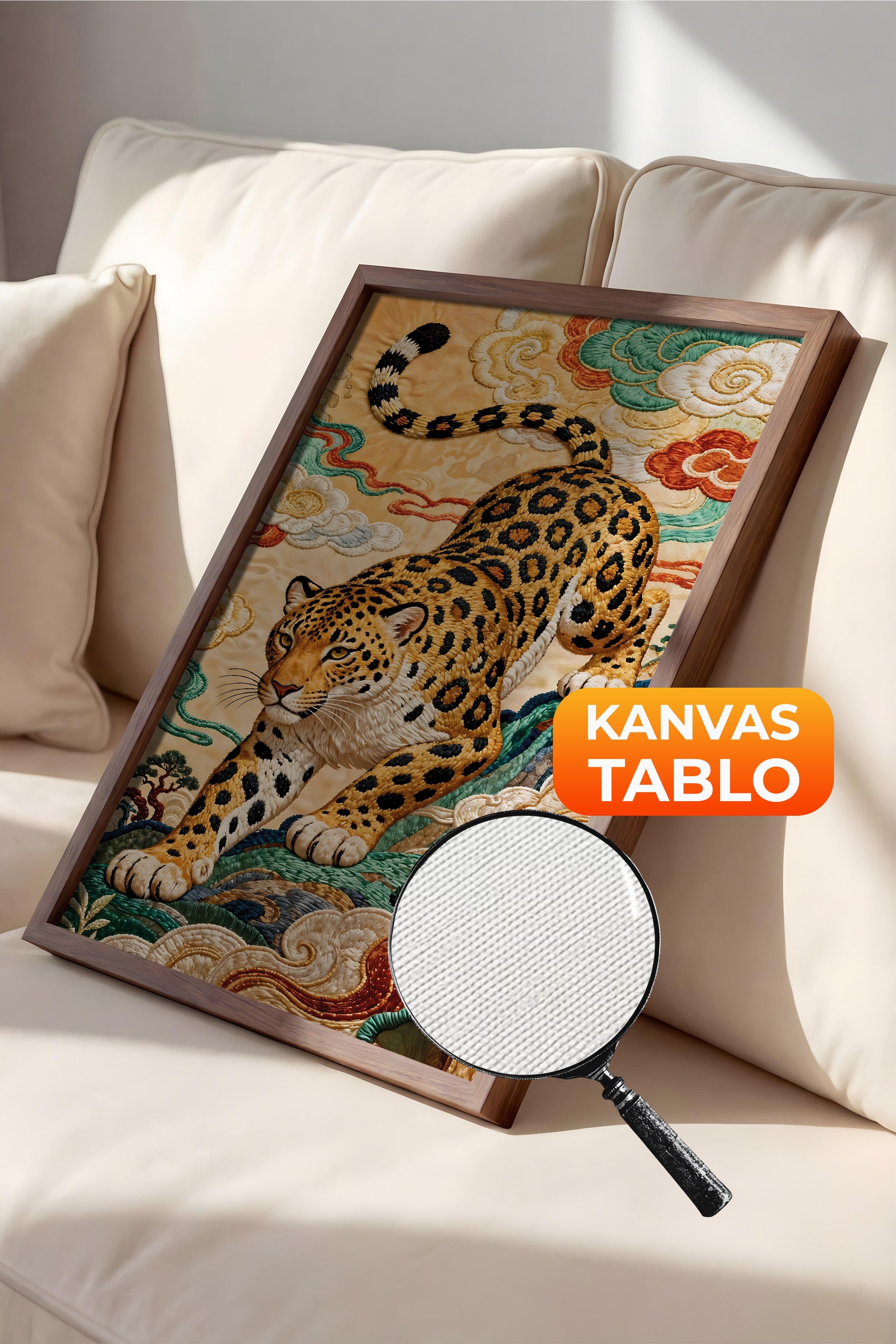 Duvar Tablosu, Lüks Kahverengi Çerçeveli Kanvas Tablo, Ritüel Serisi, Leopar Tablo, NO:115253