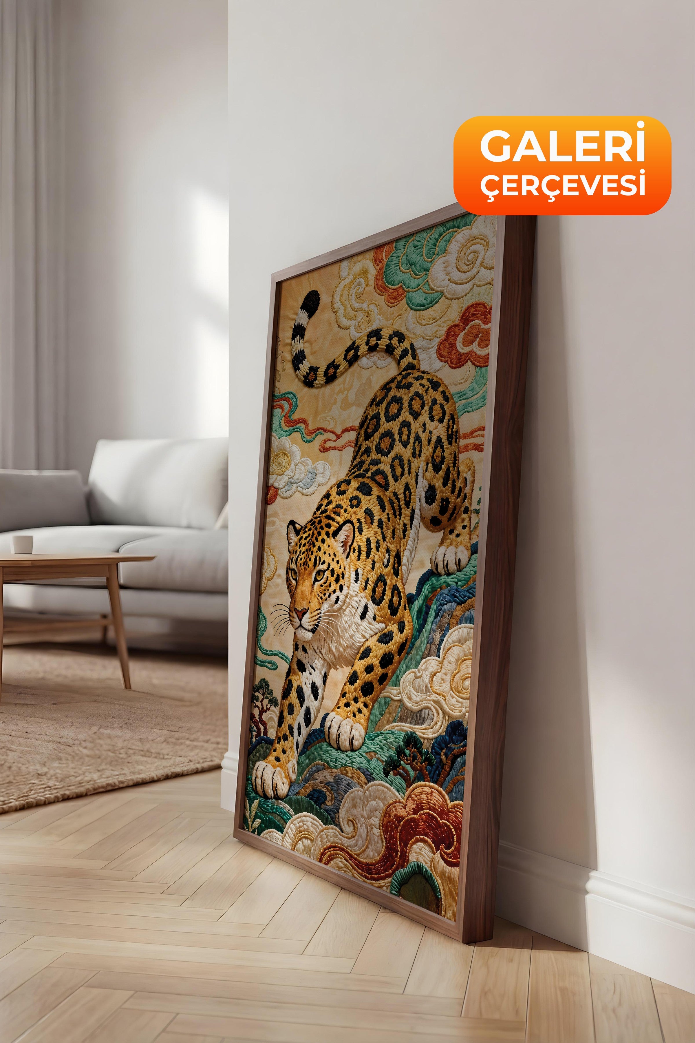 Duvar Tablosu, Lüks Kahverengi Çerçeveli Kanvas Tablo, Ritüel Serisi, Leopar Tablo, NO:115253