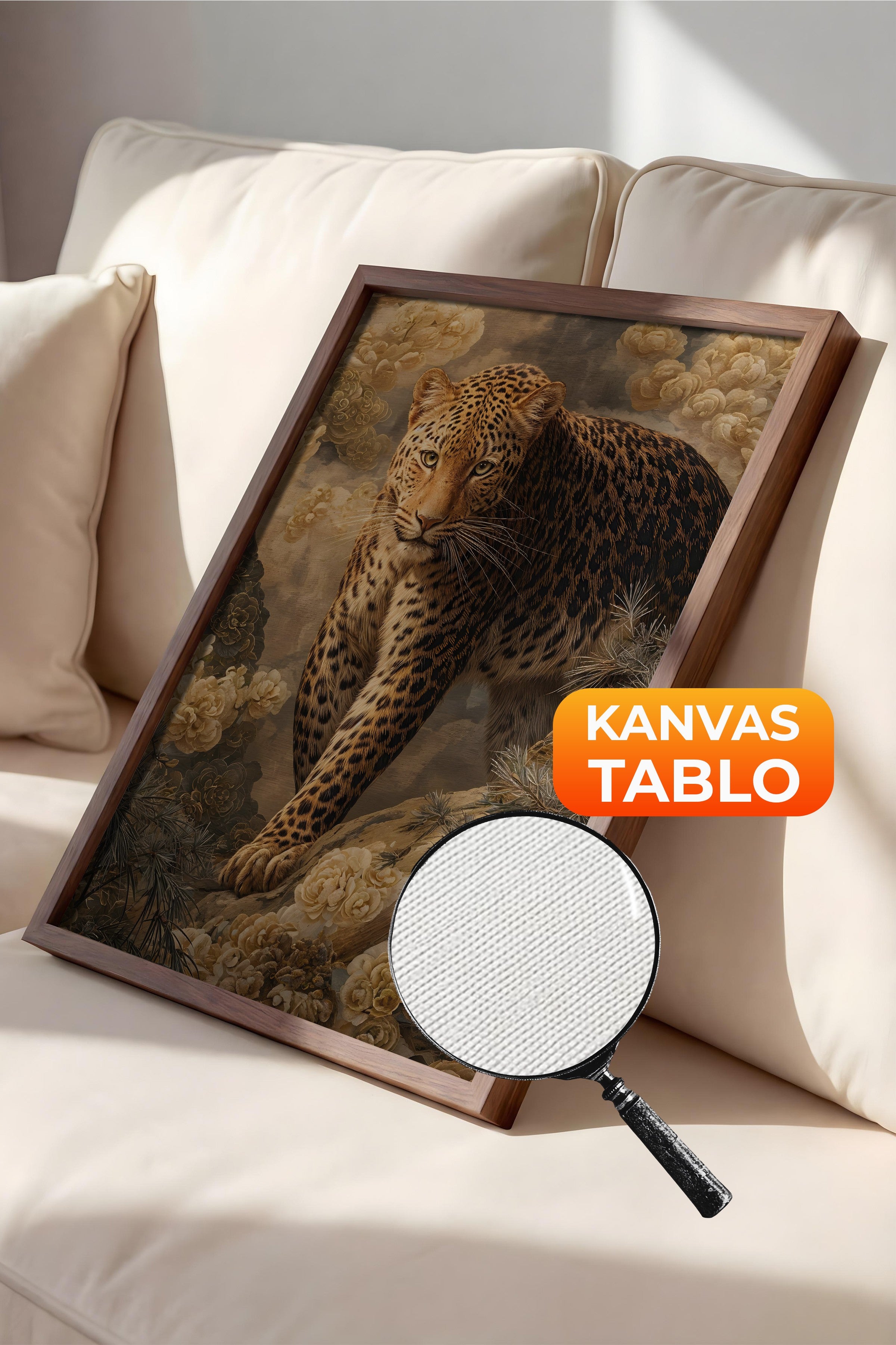 Duvar Tablosu, Lüks Kahverengi Çerçeveli Kanvas Tablo, Ritüel Serisi, Leopar Tablo, NO:115254