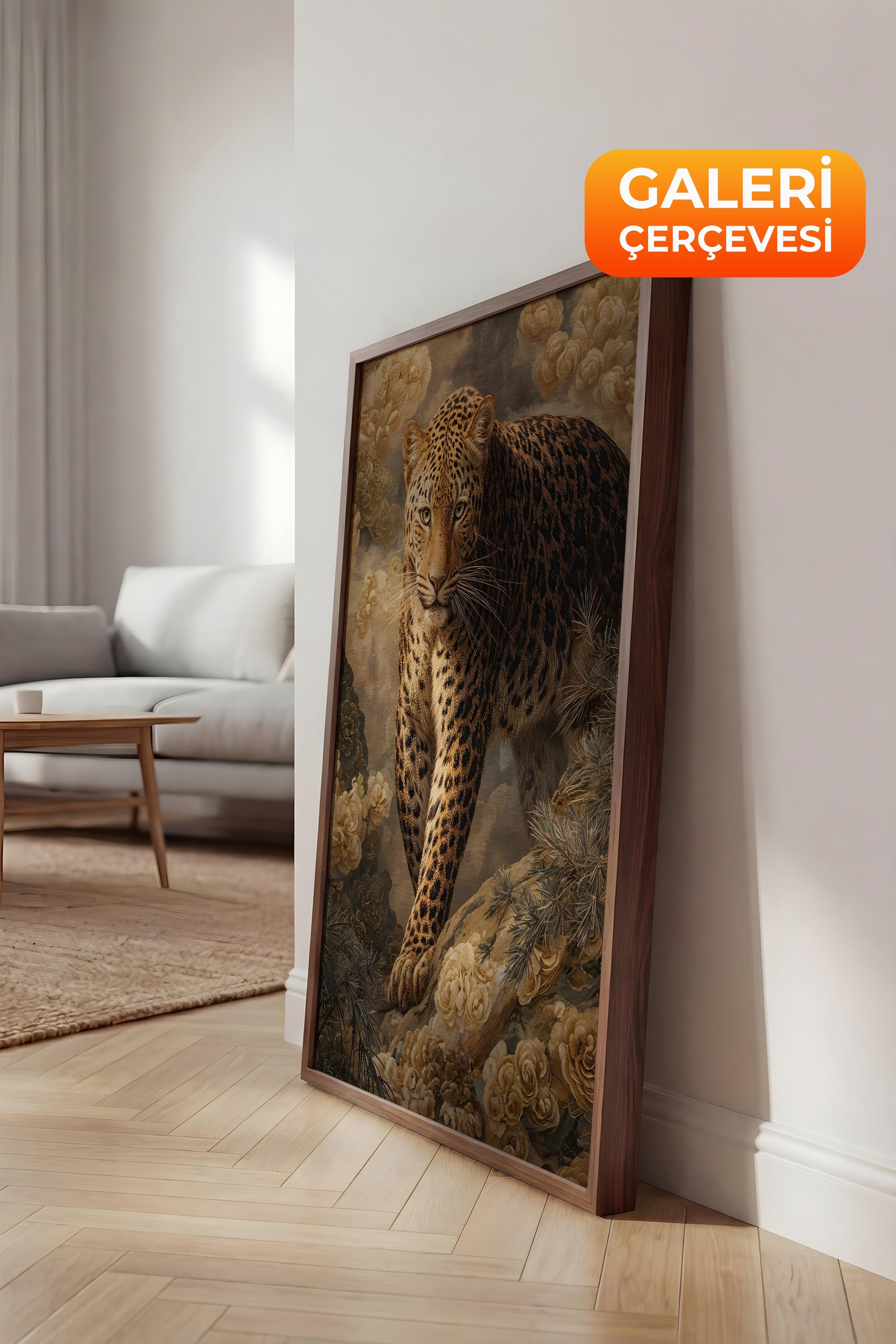 Duvar Tablosu, Lüks Kahverengi Çerçeveli Kanvas Tablo, Ritüel Serisi, Leopar Tablo, NO:115254