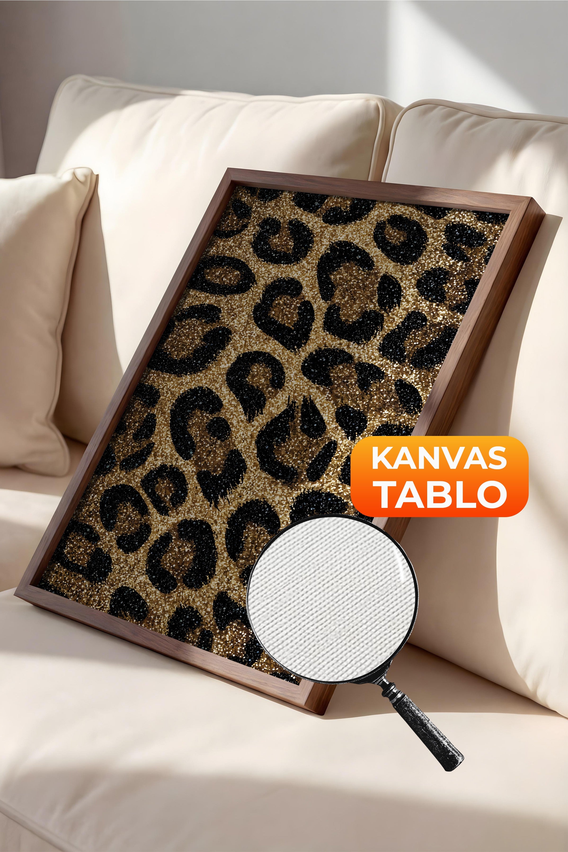 Duvar Tablosu, Lüks Kahverengi Çerçeveli Kanvas Tablo, Ritüel Serisi, Leopar Tablo, NO:115264